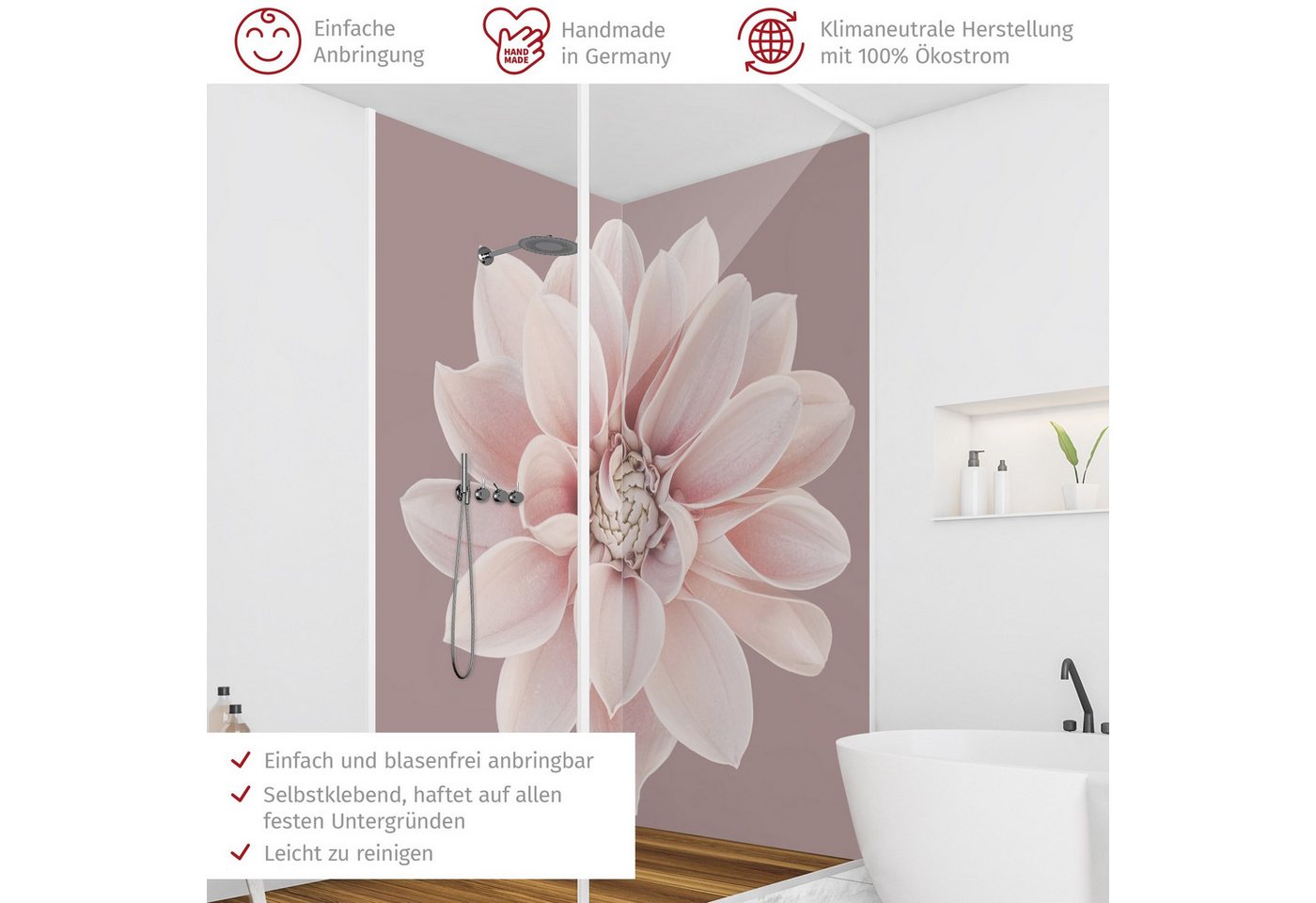 Thumbnail - Bilderdepot24 Badrückwand Blumen rosa Duschrückwand ohne Bohren Dusche, (2-tlg., Hart-Folie Premium matt 0,61 mm), fugen...