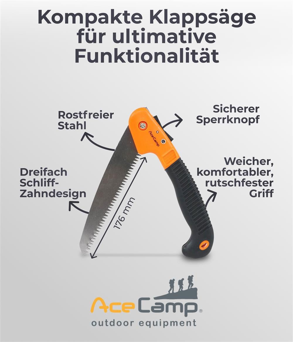 AceCamp Handsäge Faltbare Klappsäge mit Sicherheitsverschluss, Edelstahl (Einzelartikel, 1-St., Kein Set), Faltbar, Sicherheitsverriegelung, rutschfester Griff