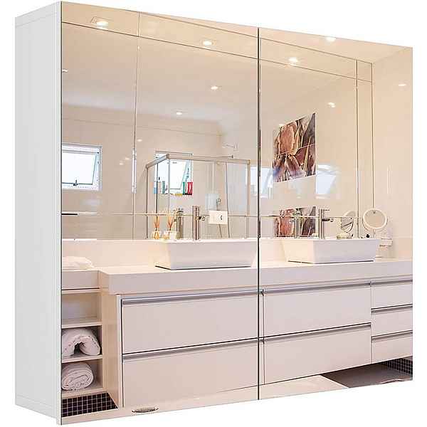 Homfa Spiegelschrank Badezimmerschrank mit 4 Fächern, Breite 70 cm, weiß, Holz