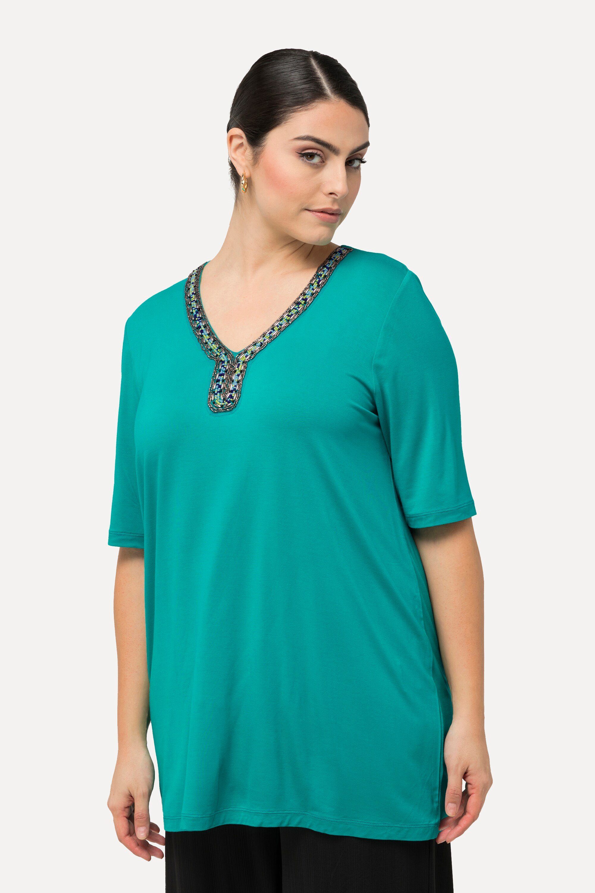 T-Shirt T-Shirt Perlen A-Linie Tunika-Ausschnitt Halbarm