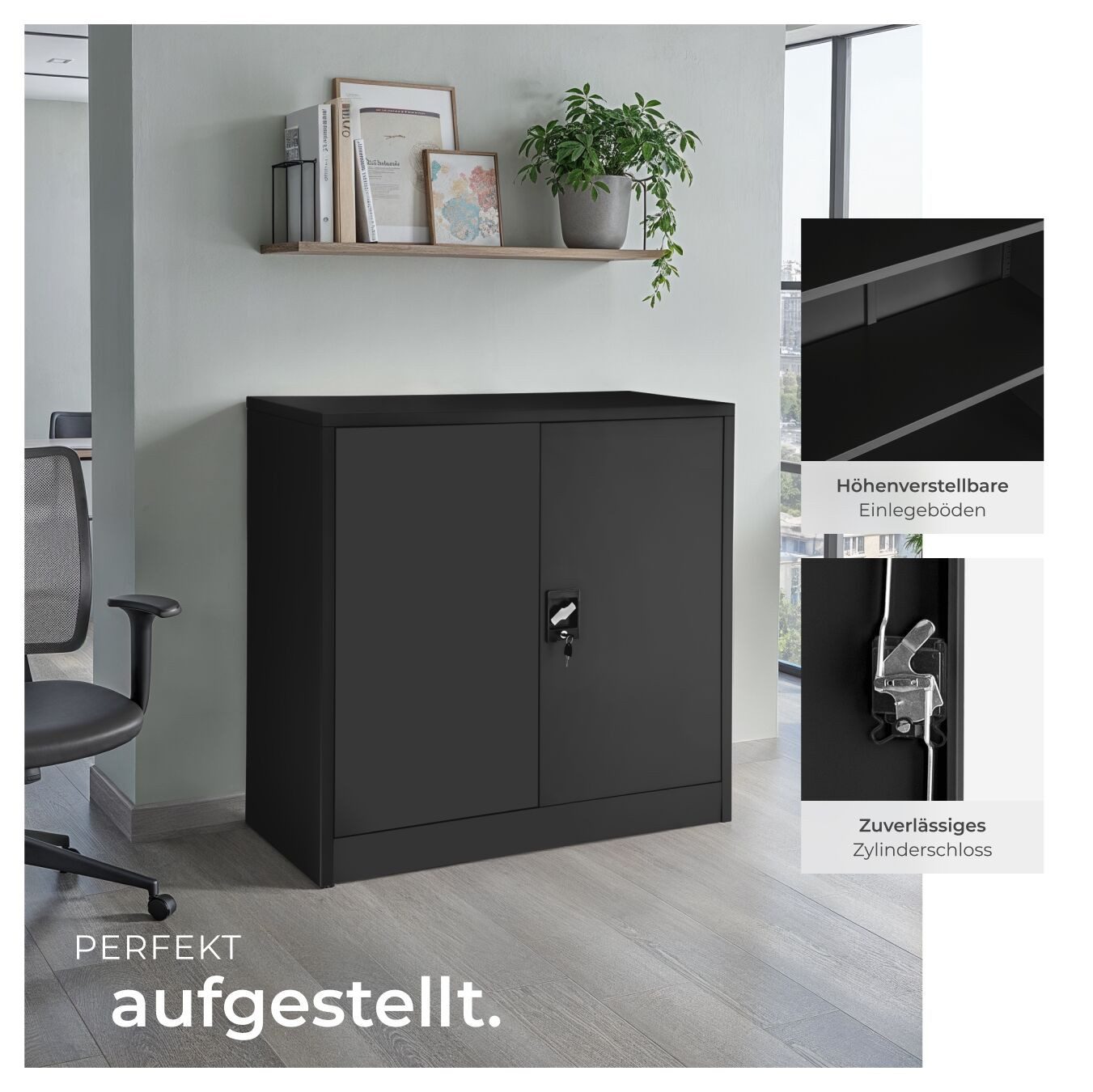 tectake Aktenschrank Büroschrank mit 3 Böden, abschließbar, 90x40x90 cm (Komplettset, 1-St., 1-St., inkl. Schlüssel) aus pulverbeschichtetem Stahl – Bild 4 von 5