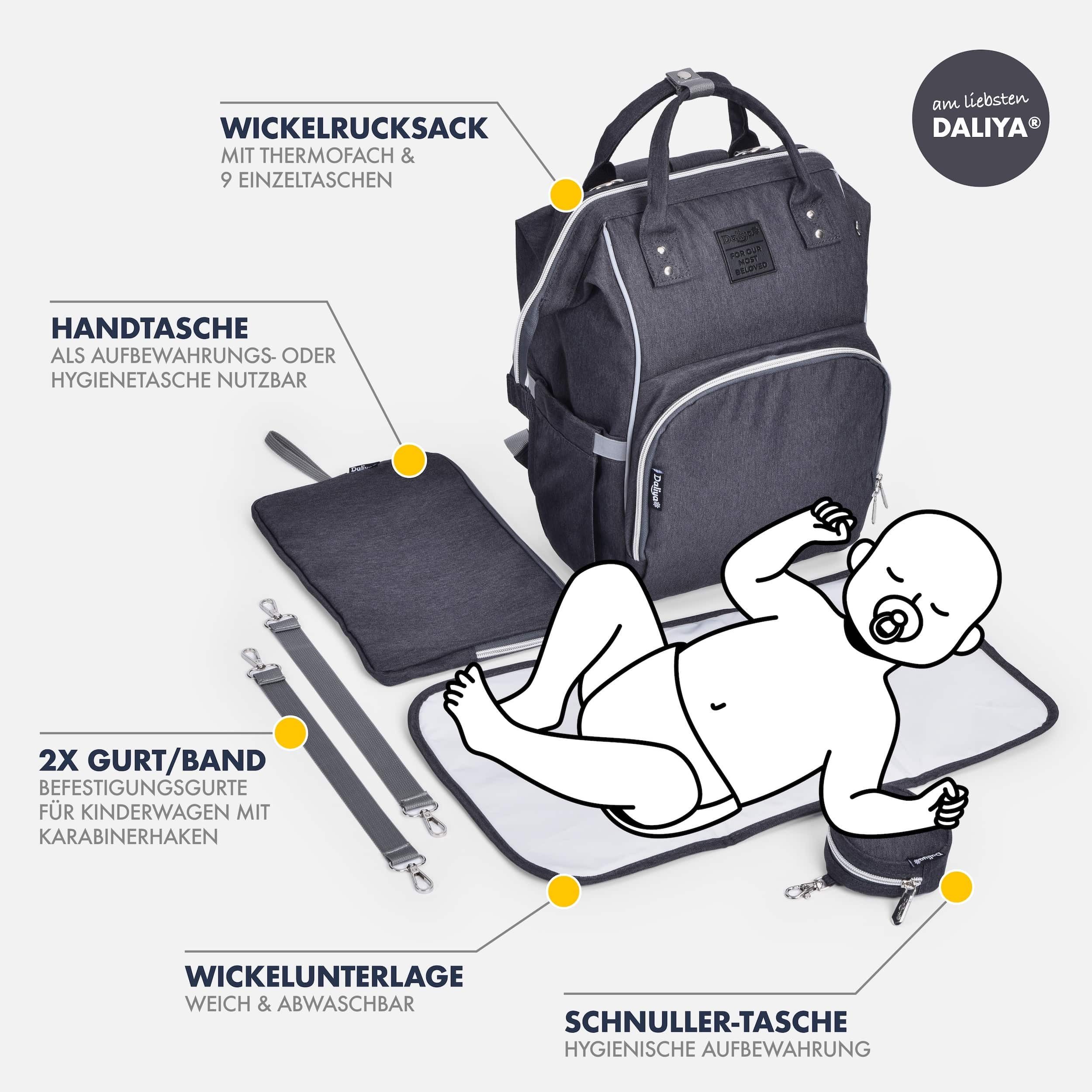Daliya® Wickeltasche PAKMI Wickelrucksack, Kinderwagentaschen, Mamabag (Set, 5-tlg., Befestigungsriemen), Thermofächer, Schnuller Aufbewahrung, Wickelunterlage, hochwertig