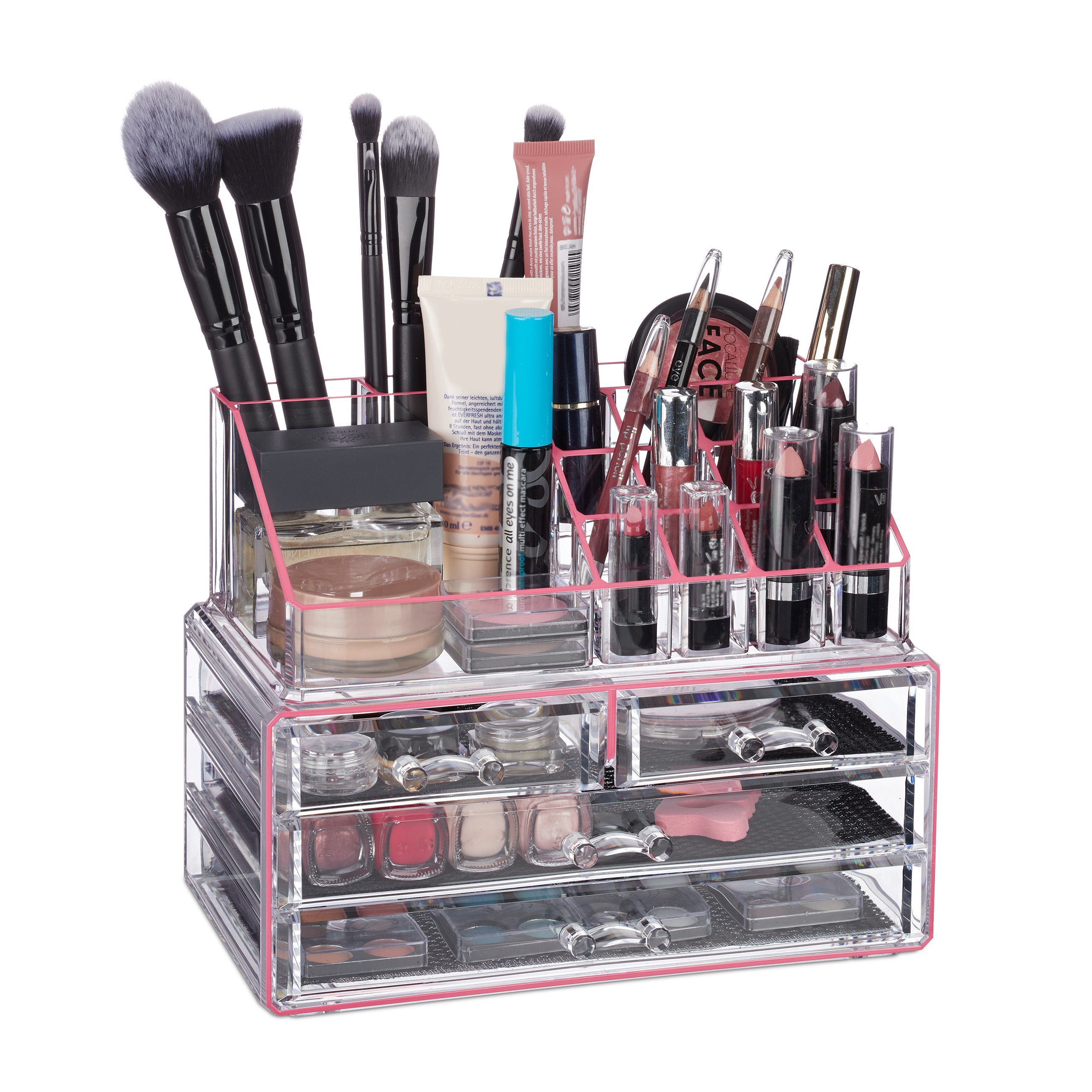 relaxdays Make-Up Organizer mit 4 Schubfächern, 2-tlg., Pink-Streifen