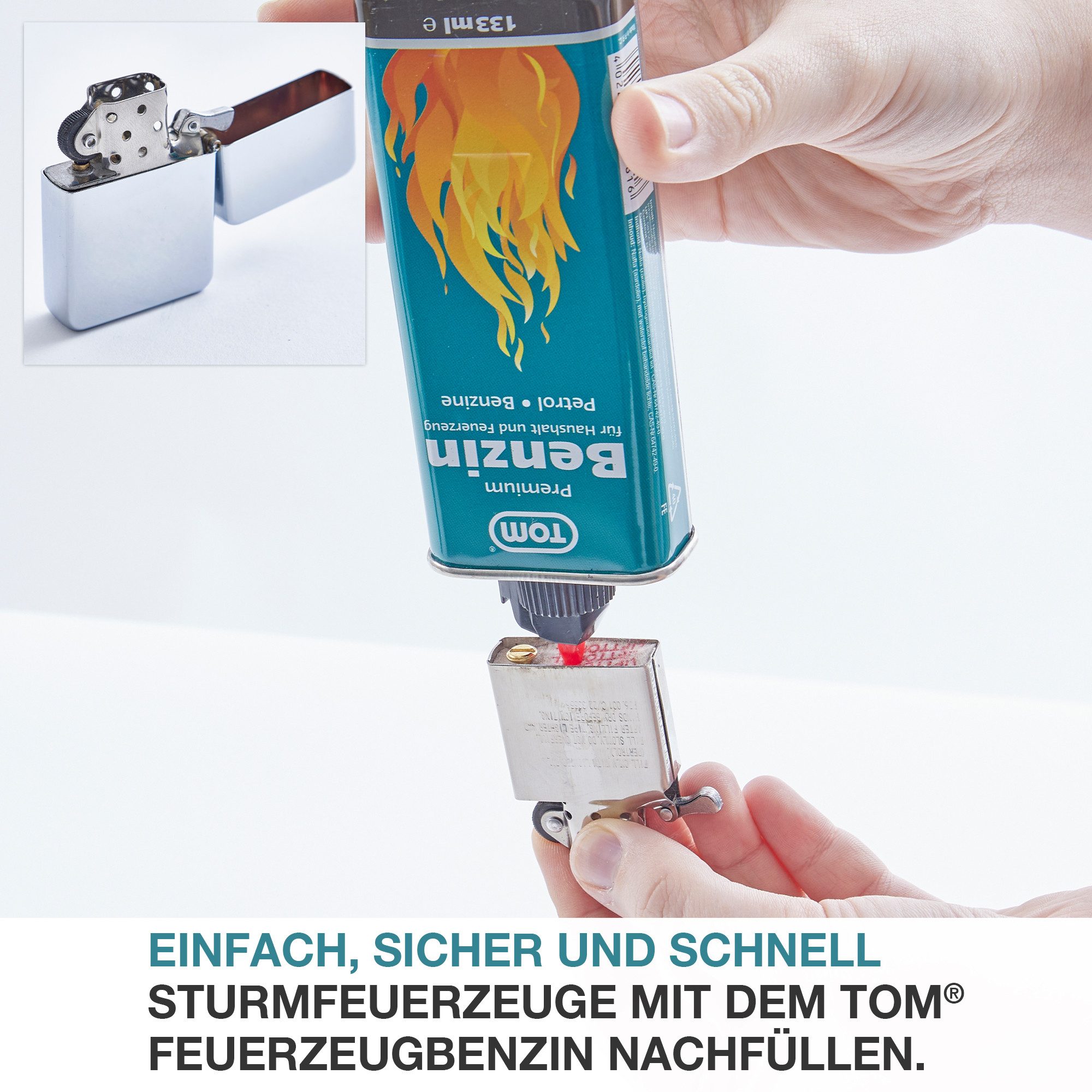 TOM Feuerzeug Benzin 133 ml Flasche im Set zum nachfüllen (2-St), 5er oder 2er Set, kompatibel für alle Marken