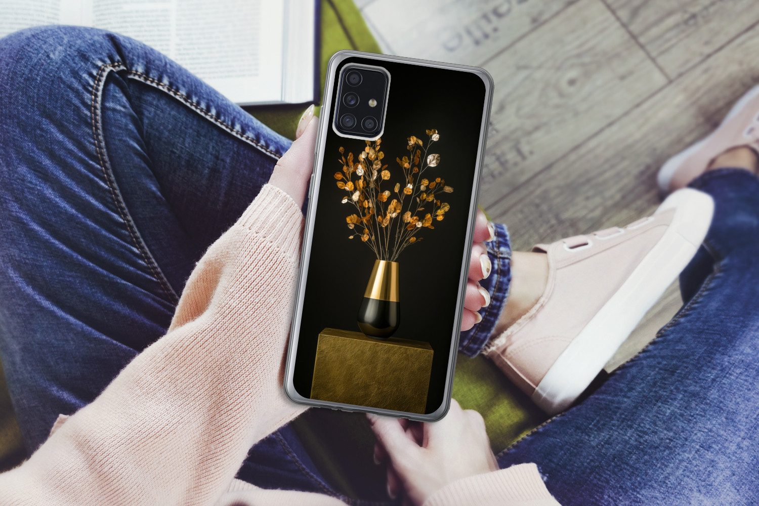 MuchoWow Handyhülle für Samsung Galaxy A52 5G Goldbraun - Blätter - Vase - Herbstlich, Smartphone-Bumper, Print, Handy Schutzhülle Dünn