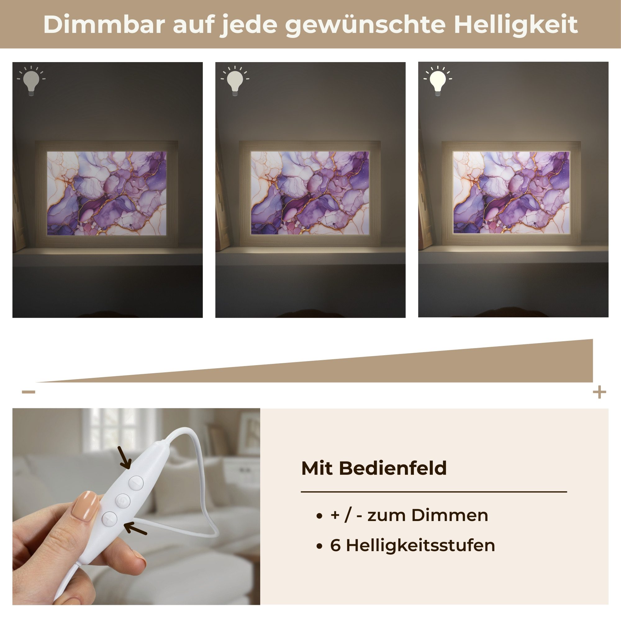 OnlyWow Wandleuchte Lightbox Marmor - Lila - Flieder - Gold, Dimmbar, Farbwechsel, LED, Warmweiß, Kaltweiß, Neutralweiß Einstellbar, Wandlampe Innen, Dimmbar, mit Kabel, LED, Modern, Flur