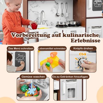 KOMFOTTEU Spielküche MDF, Kinderküche mit Geräuschen & Lichtern, Holzküche mit Kochuniform