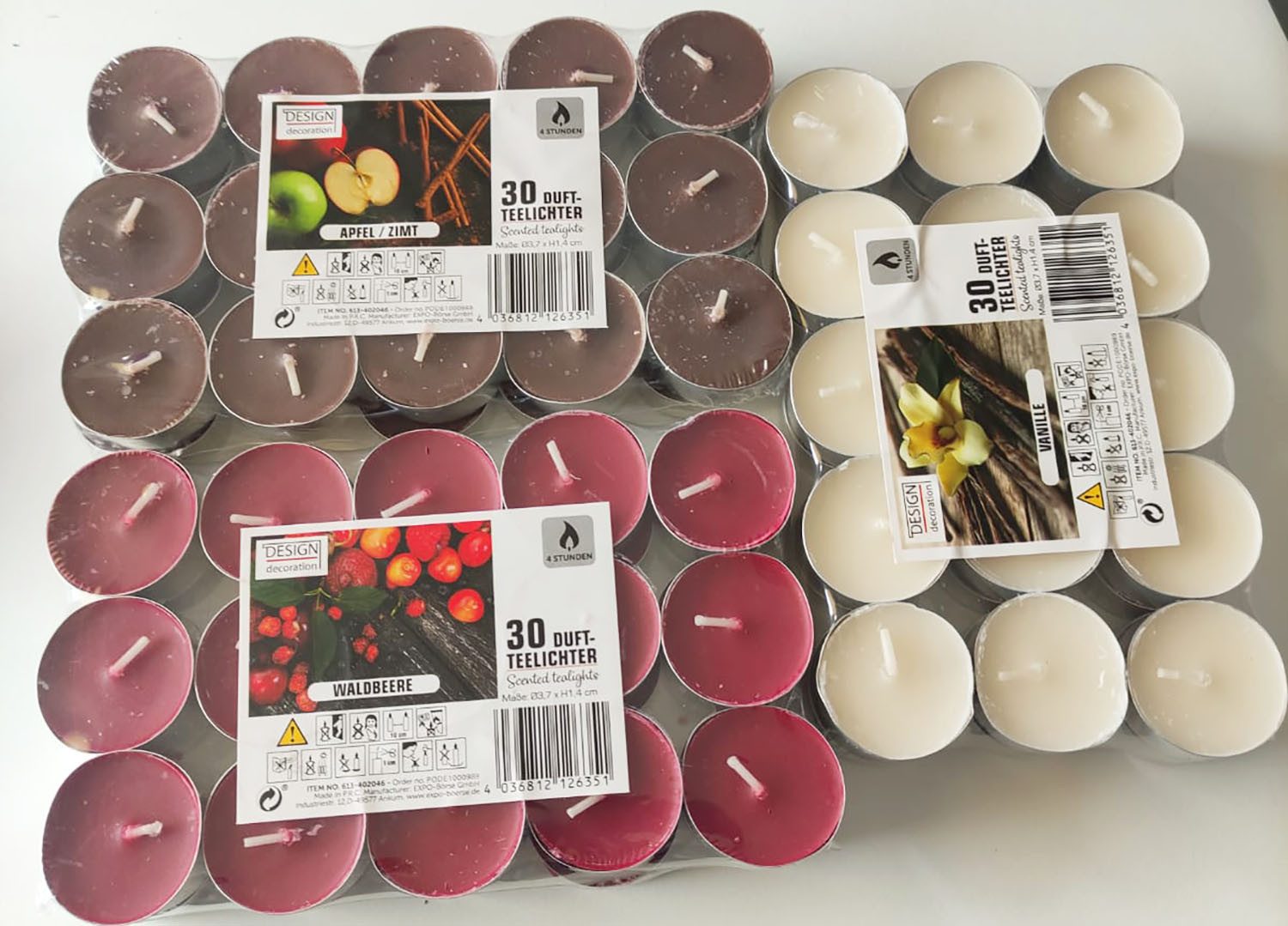 Expo Börse Teelicht 90x Duft-Teelichter Kerzen drei Sorten 4 Stunden Brennd günstig online kaufen