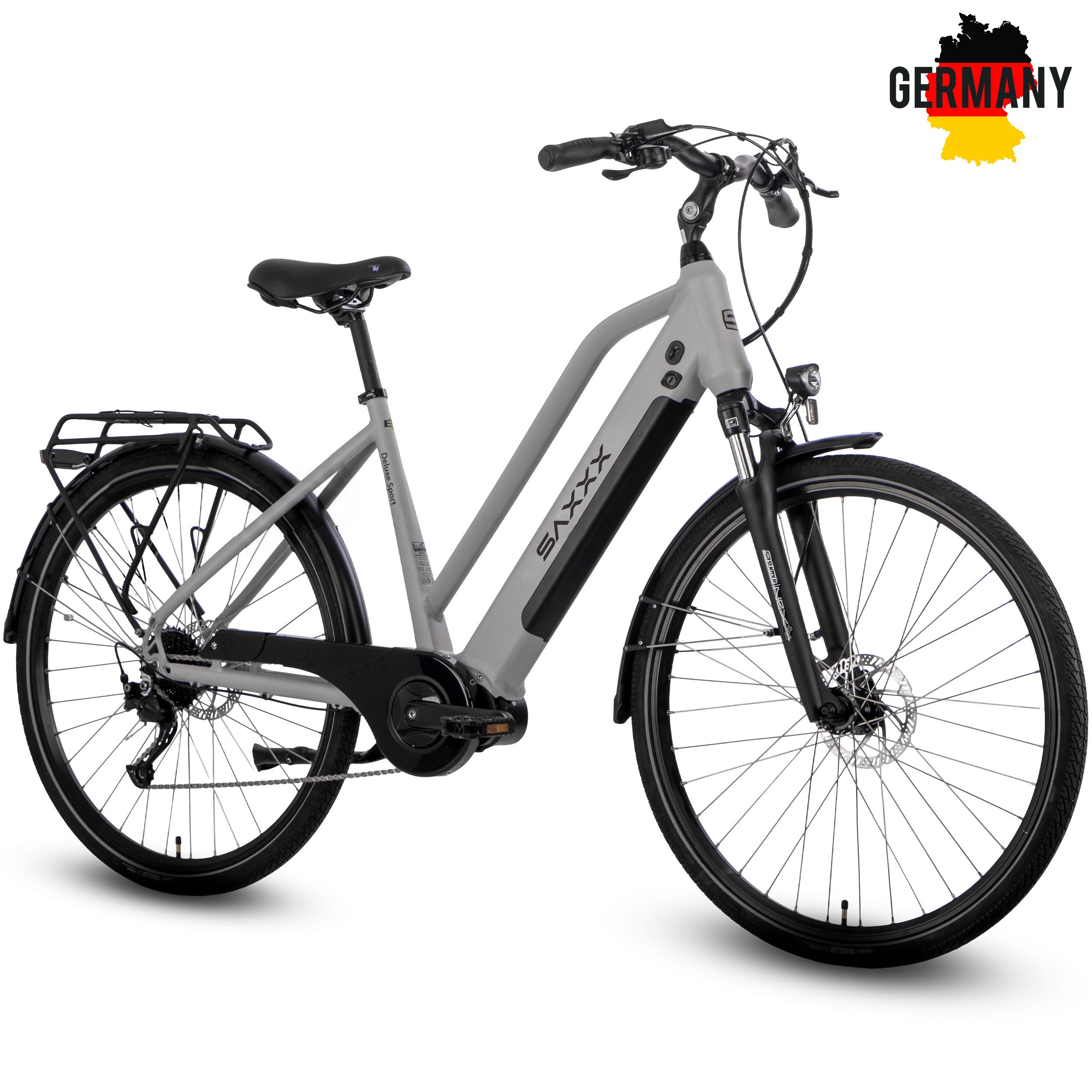 SAXXX E-Bike Cityrad 28 Zoll, 70 Nm Mittelmotor, DST, max. 100km, 95 % vormontiert, 9 Gang SHIMANO Alivio Schaltwerk, Kettenschaltung, Mittelmotor, 418 Wh, (Pedelec mit Tiefeinsteiger, bis zu 130kg, Trapez-Rahmen), Hydr. Scheibenbremse, RH: 45/50cm, Elektrofahrrad für Damen und Herren