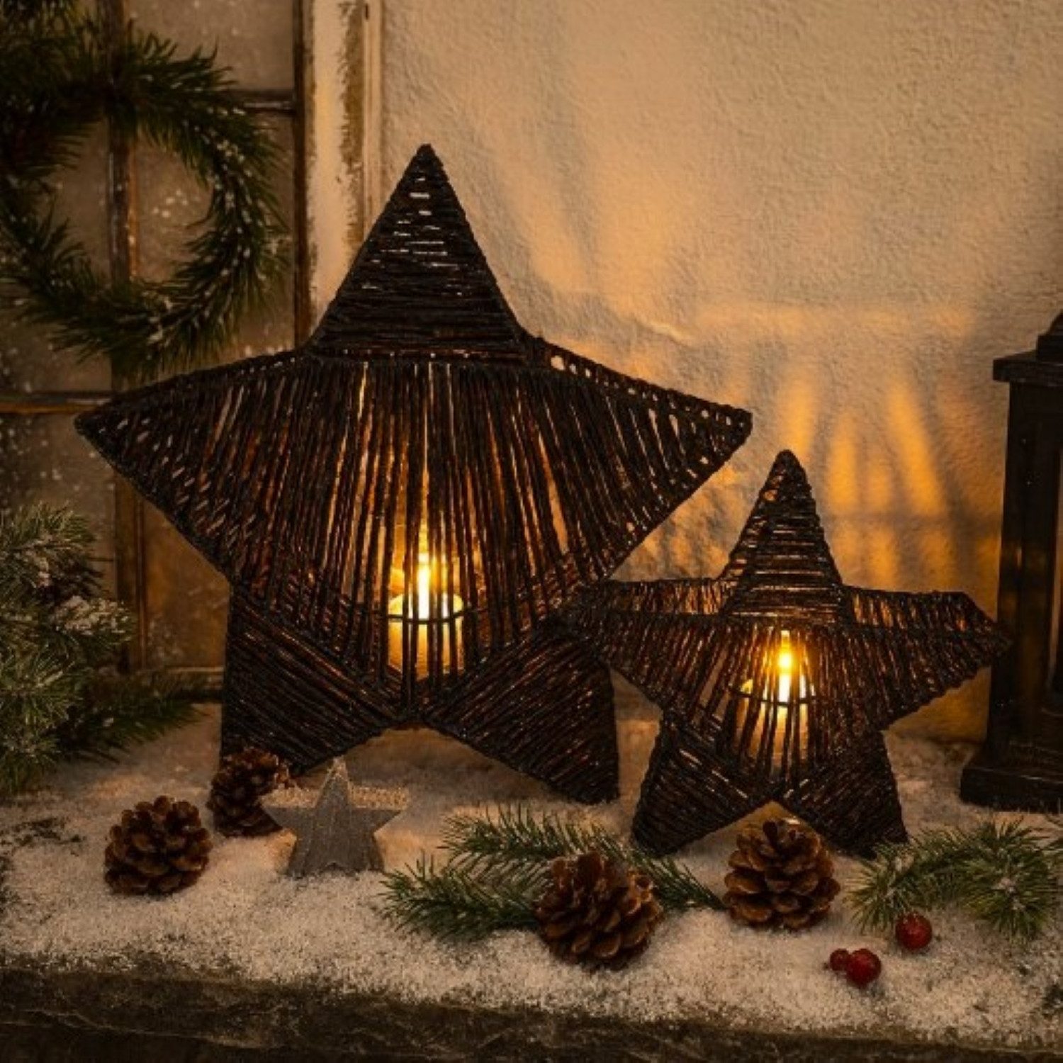 Online-Fuchs Kerzenhalter - 2er Set Windlicht Stern - Deko für Herbst, Winter & Weihnachten (Glaseinsatz für Teelichter oder kleine Stumpenkerzen, Deko für Wohnzimmer, Fensterbank und Sideboard), Kerzenständer, ähnlich einer Laterne