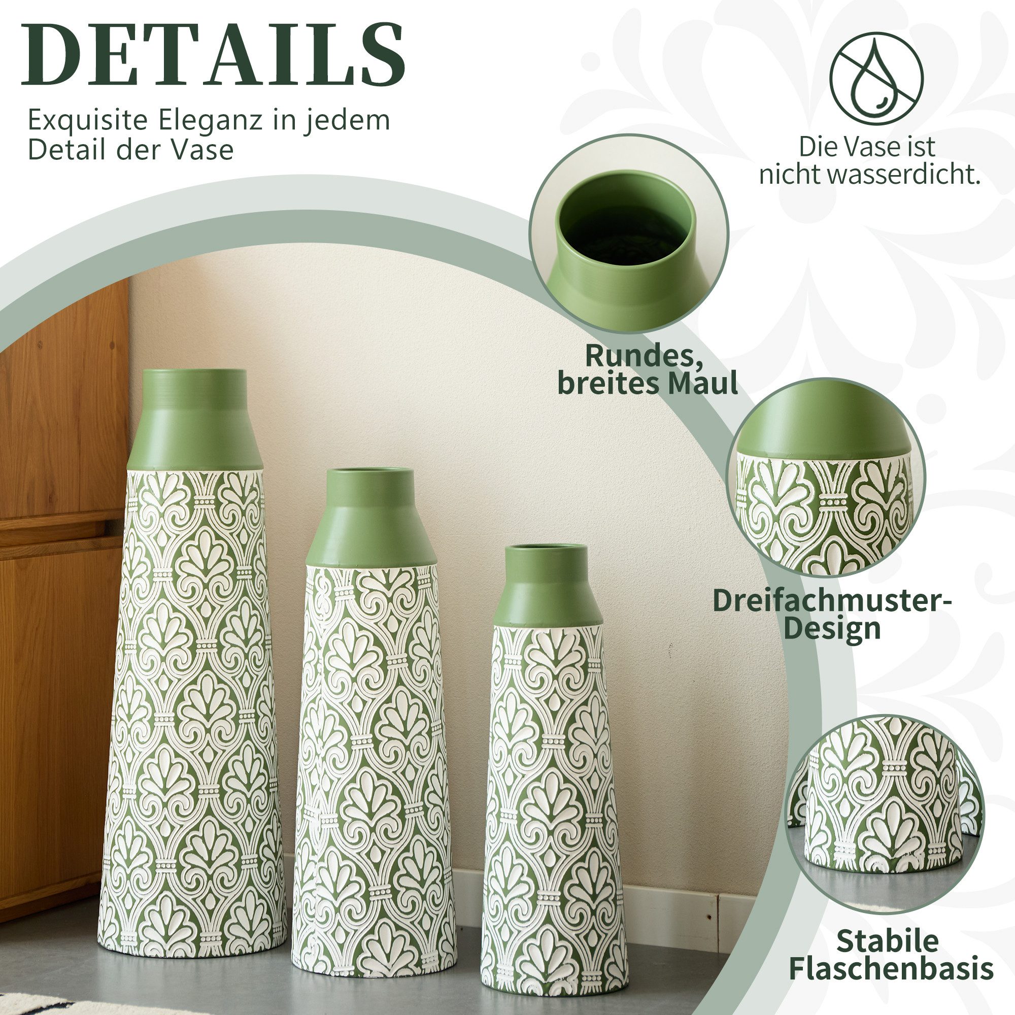 KLAM HOME Bodenvase Große Bodenvase 3er Set aus Metall, (50/65/83 cm), Mid-Century Modern (Dekovase Boden bis zur Decke reichende Vase, hohe dekorative Vase), Vintage Deko, Dekorative Vase für Wohnzimmer, Flur und Schlafzimmer