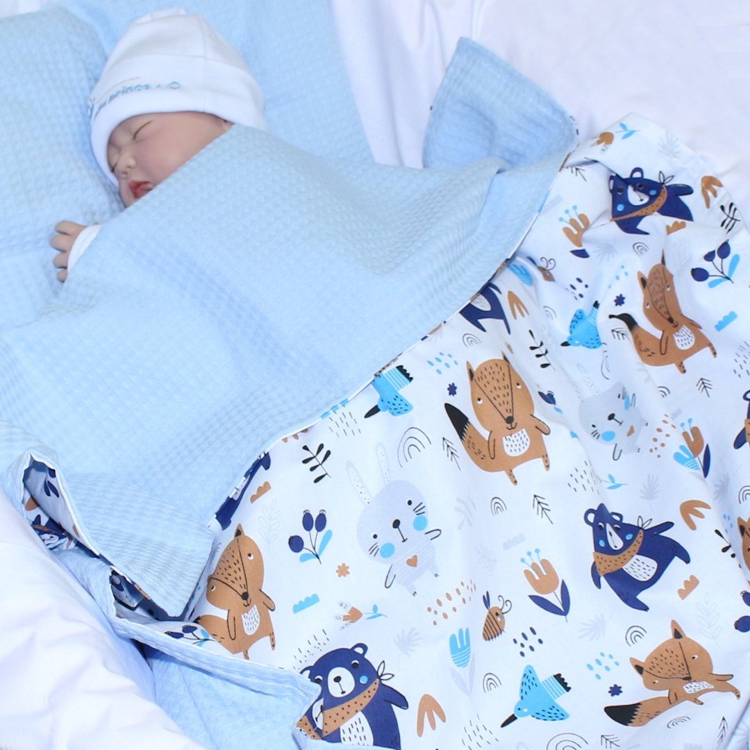 Babydecke Babydecke Waffelpiqué Baumwolle Blau Primawela Kinderwagendecke, Waldtiere Kuscheldecke 