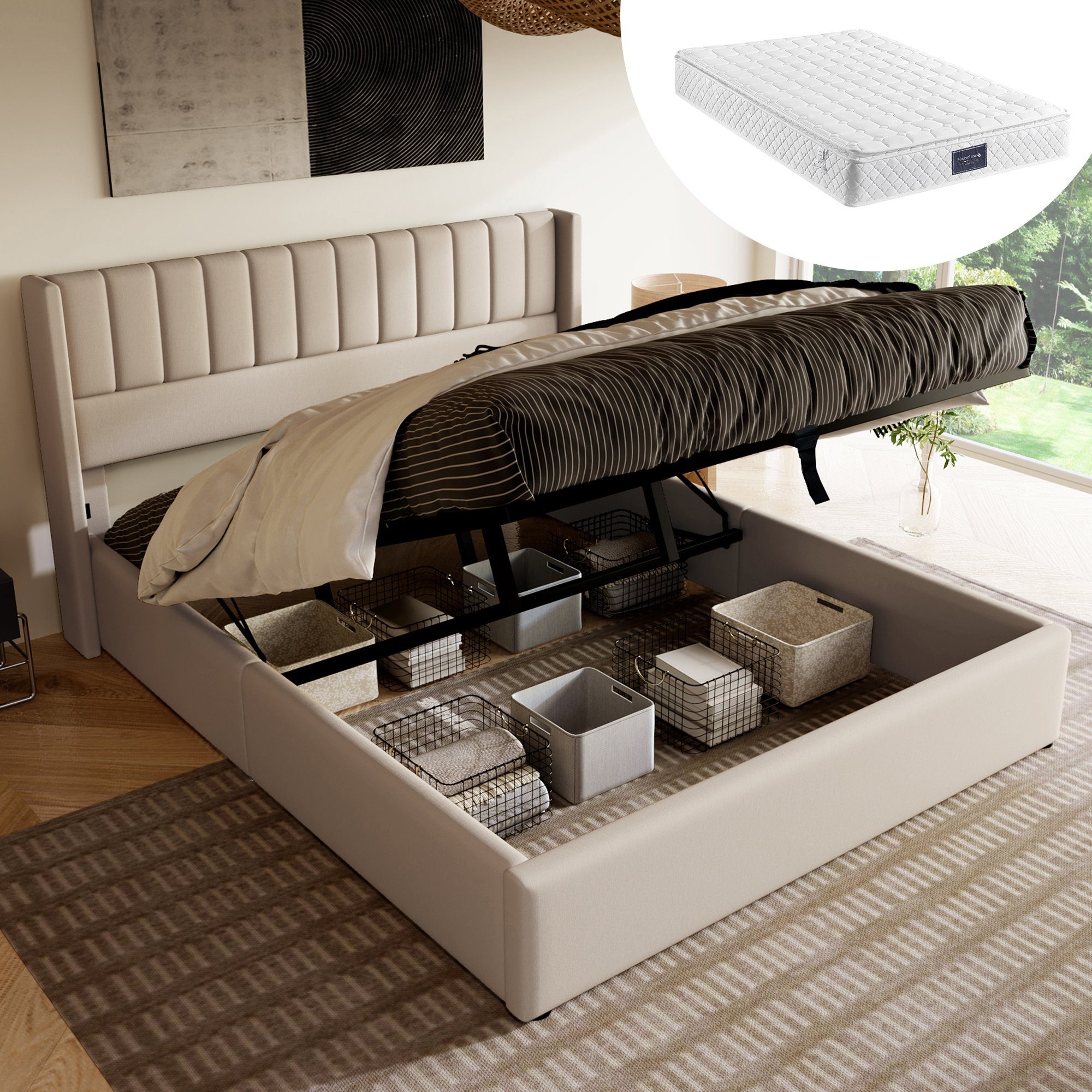REDOM Polsterbett Stauraumbett Doppelbett (140x200cm Grau Leinen Inklusive-Matratze), Bett mit Lattenrost aus Metallrahmen, Lattenrost aus Holz