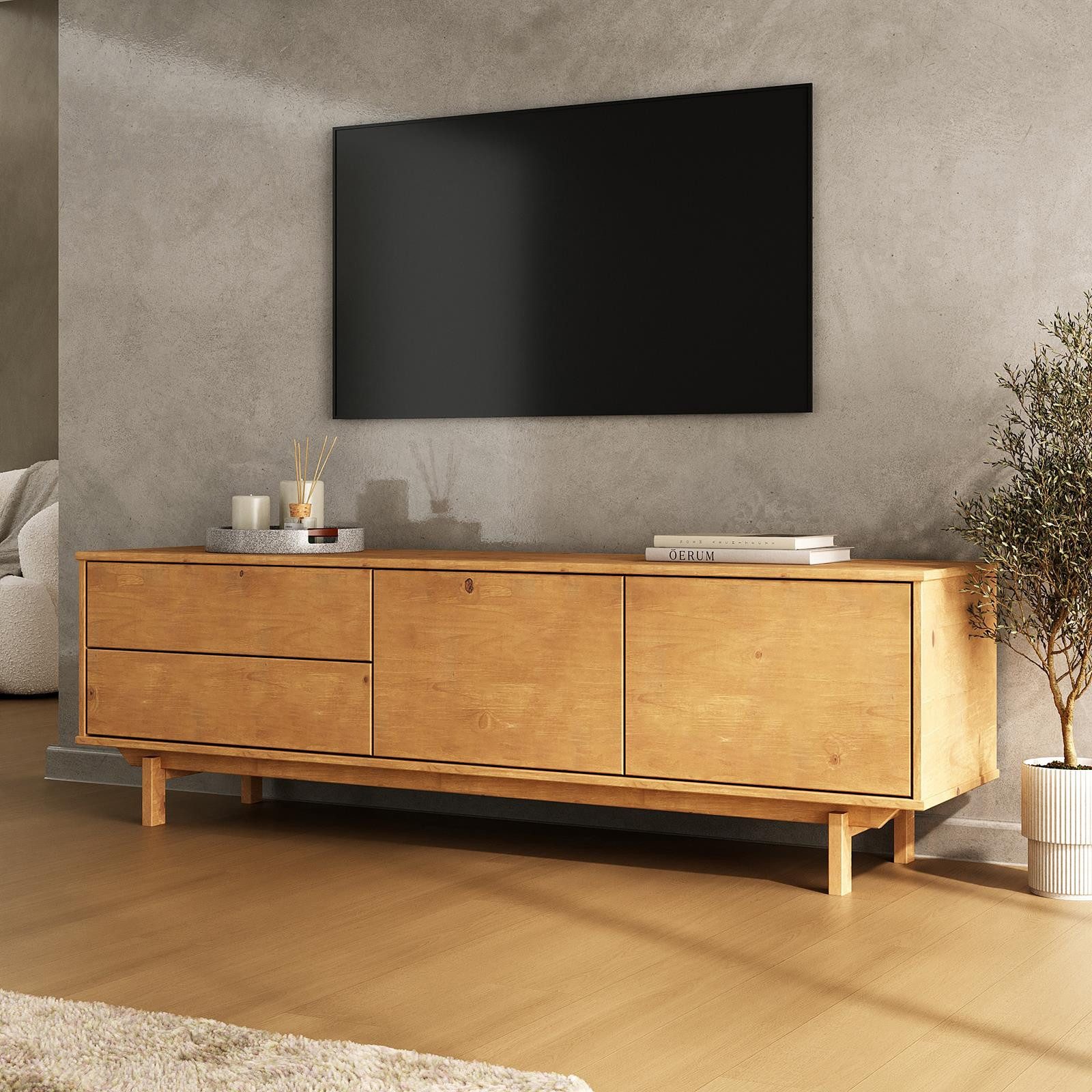 IDIMEX Lowboard LITA, TV Lowboard 170 cm aus Massivholz, Push-to-Open Funktion Eiche Finish