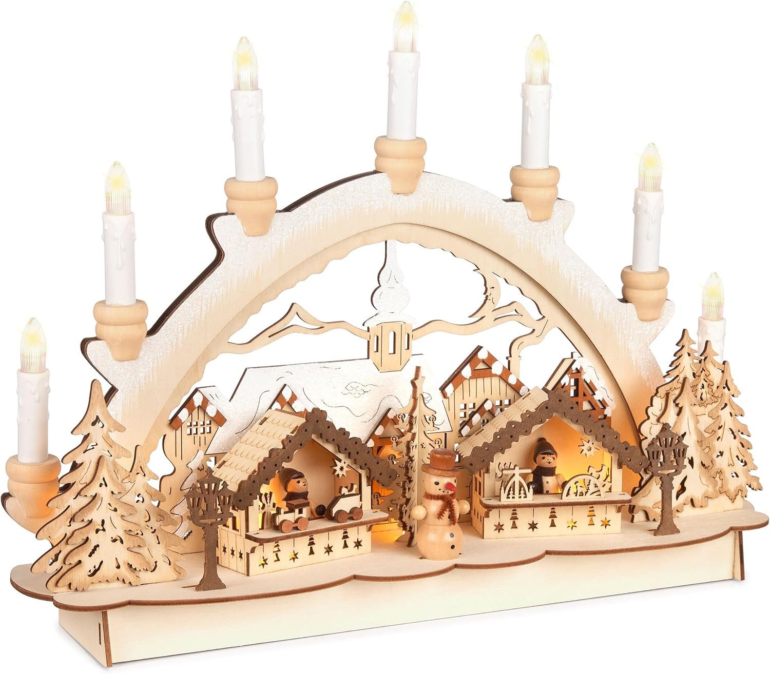 BRUBAKER LED Lichterbogen Schwibbogen mit LED Kerzen - Weihnachtsmarkt 2024 - Deko für Fenster, Weihnachtsbeleuchtung aus Holz Natur - Handbemalte Weihnachtsdeko