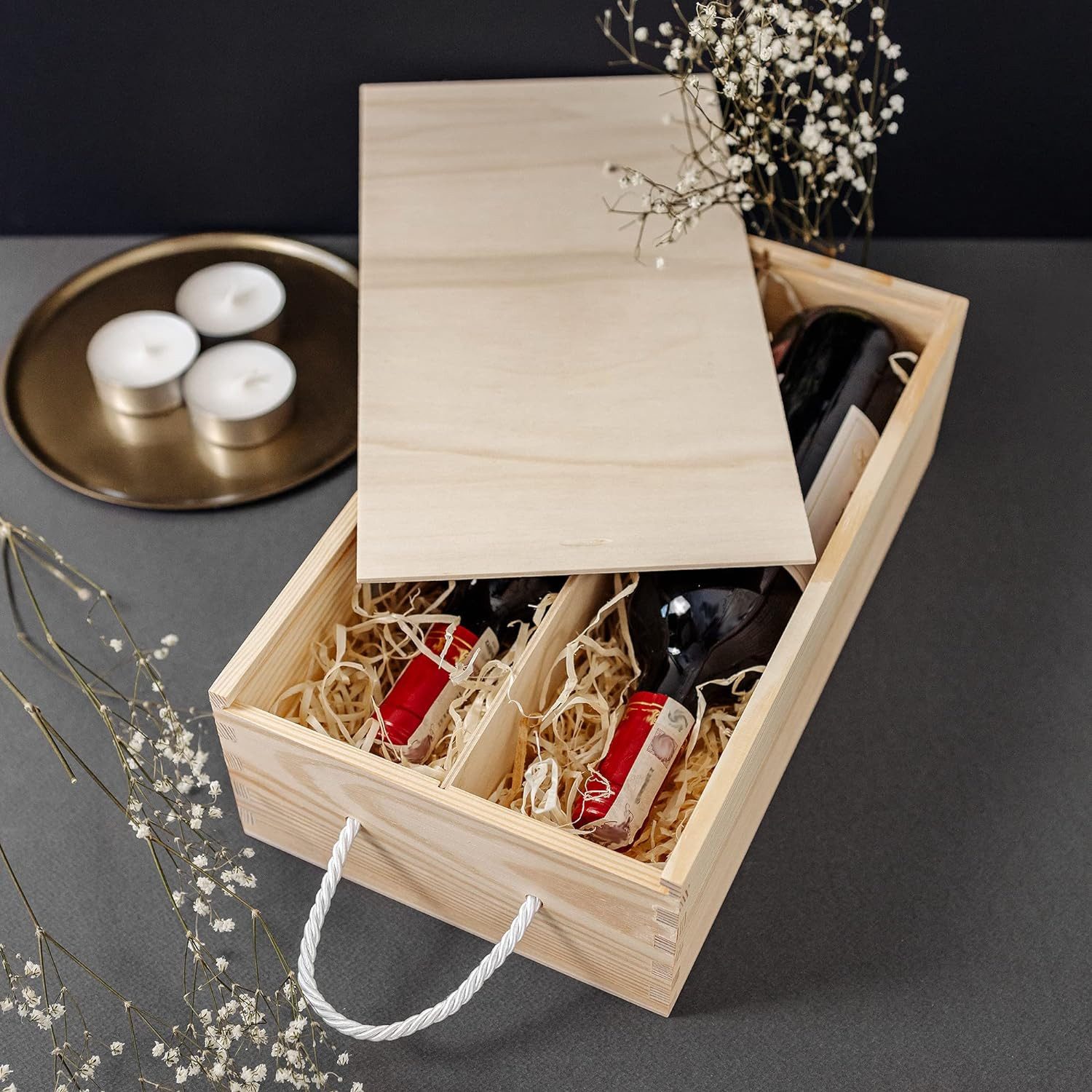 Creative Deco Weinkiste Holzkiste Wein Box für 2 Flasche mit Schiebedeckel und Tragekordel