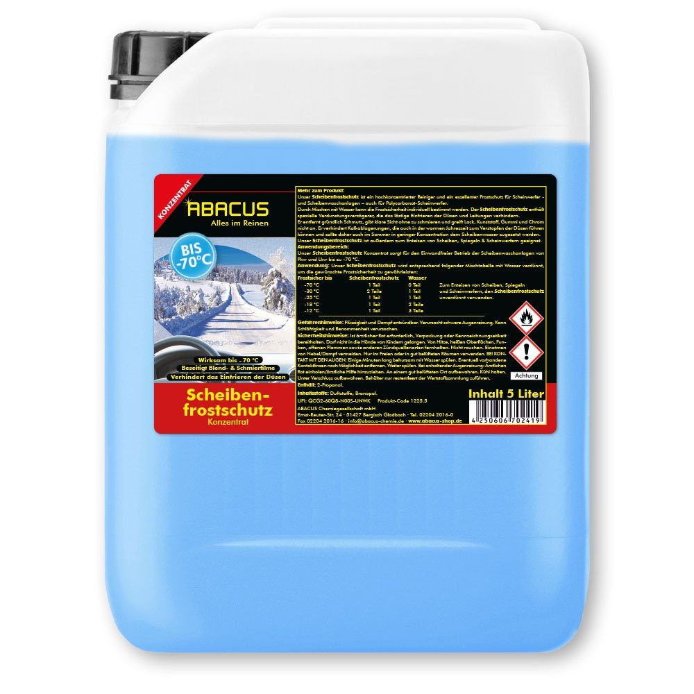ABACUS Scheibenfrostschutz bis -70 °C Scheibenfrostschutz Konzentrat Frostschutzmittel, 5 l, Sicher für alle Materialien, Lacke & Dichtungen, 1 St., Wirkt bis -70 °C, Reinigt ohne zu schmieren