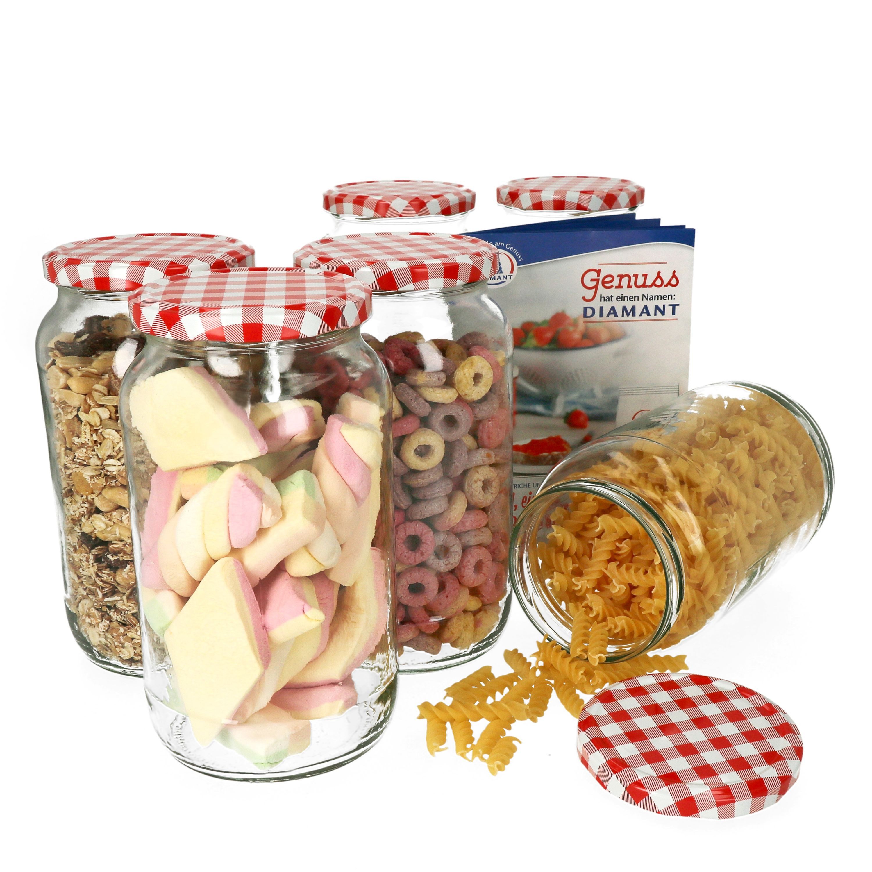 MamboCat Einmachglas 6er Set Rundglas 1062 ml To 82 rot karierter Deckel incl. Rezeptheft, Glas