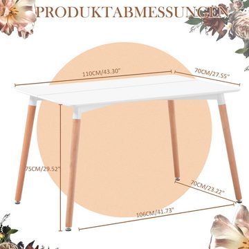Fruyyzl Esstisch Rechteckiger Küchentisch mit Weiß MDF-Tischplatte für 6 Personen, Holzbeine aus Buche, 110 x 70 x 75 cm