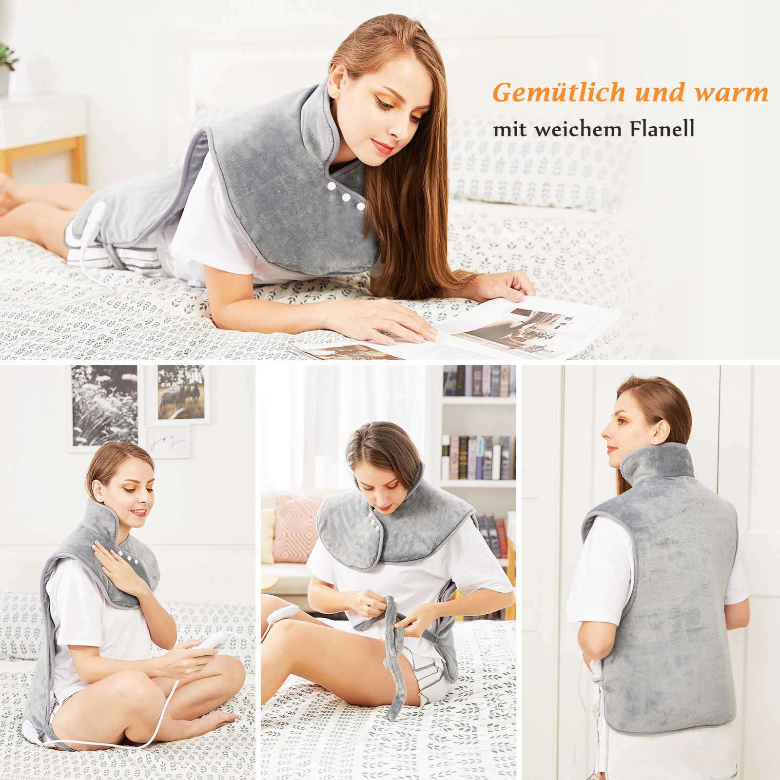 Mia&Coco Heizmatten Heizkissen für Rücken Schulter Nacken 60x100cm, Wärmekissen mit Abschaltautomatik, Schnelle Erwärmung, mit Taillenriemen, Rückenwärmer 6 Heizstufen, Auto-OFF-Timer, Flanellmaterial, Waschbar, Grau
