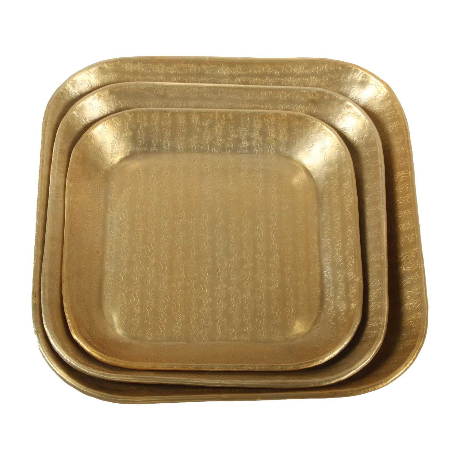 Casa Moro Tablett Orientalisches Tablett aus mit 3-tlg), Boho Gold Prisma Weihnachten Deko Serviertablett Aluminium (Set, Tablett Hammerschlag Optik, Aluminium