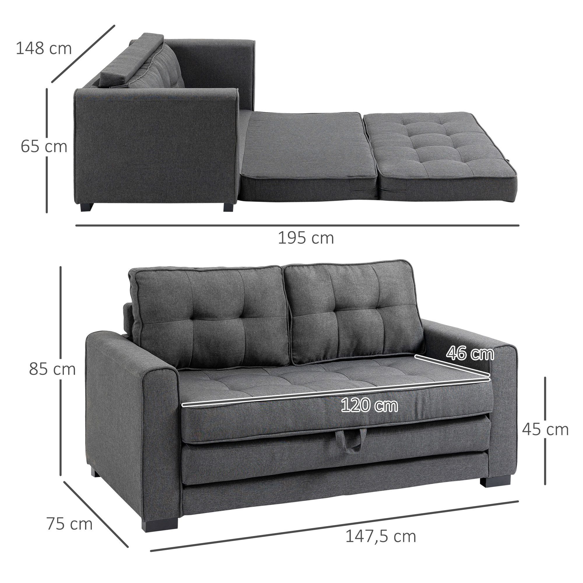 HOMCOM Schlafsofa Sofa mit Bettfunktion, Polstersofa mit Stauraum, Schlafcouch, Relaxsessel 1 Teile, für Wohnzimmer, Grau