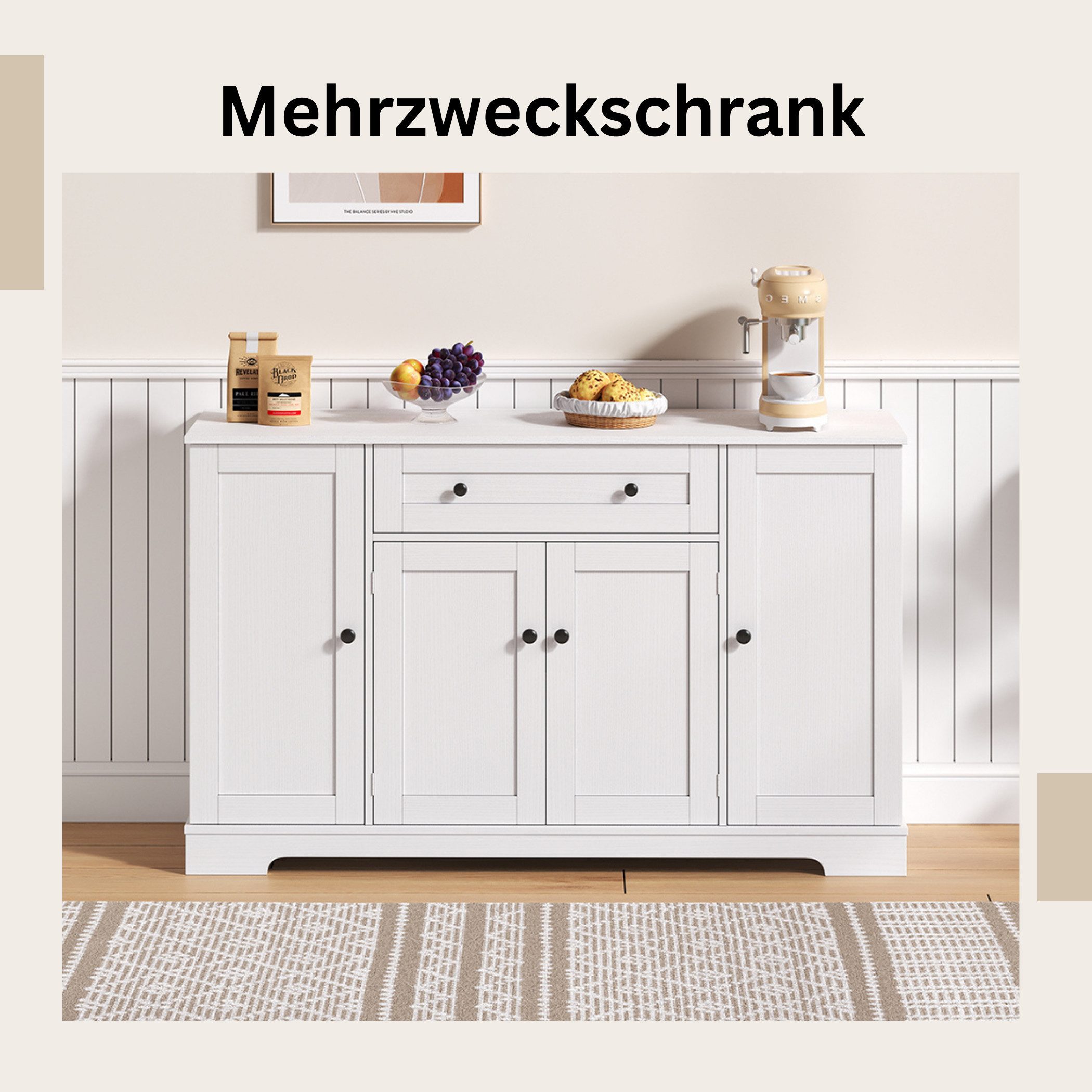 SeedWave Anrichte Modern Küchenbuffet Mehrzweckschrank Beistellschrank mit Viel Stauraum, Türregale mit Schutzgeländern, Wandhalterung für Anti-Kipp Funktion