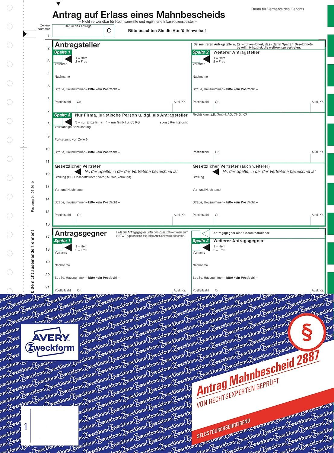 Avery Zweckform Briefpapier AVERY Zweckform Mahnbescheid selbstdurchschreibend DIN A4