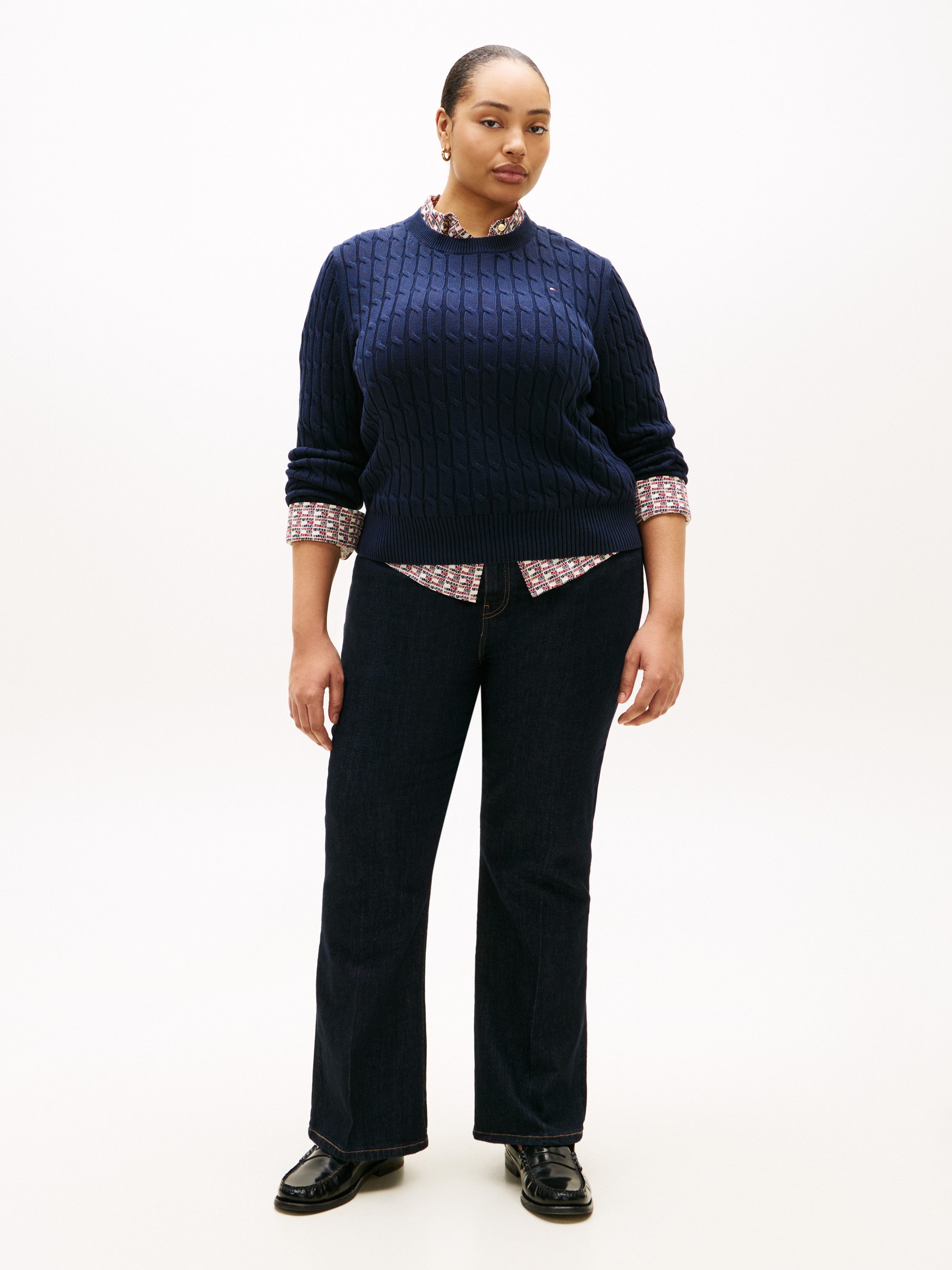 Tommy Hilfiger Curve Rundhalspullover CRV CO CABLE MID GG C-NK LS SWT in großen Größen, mit Zopfmuster