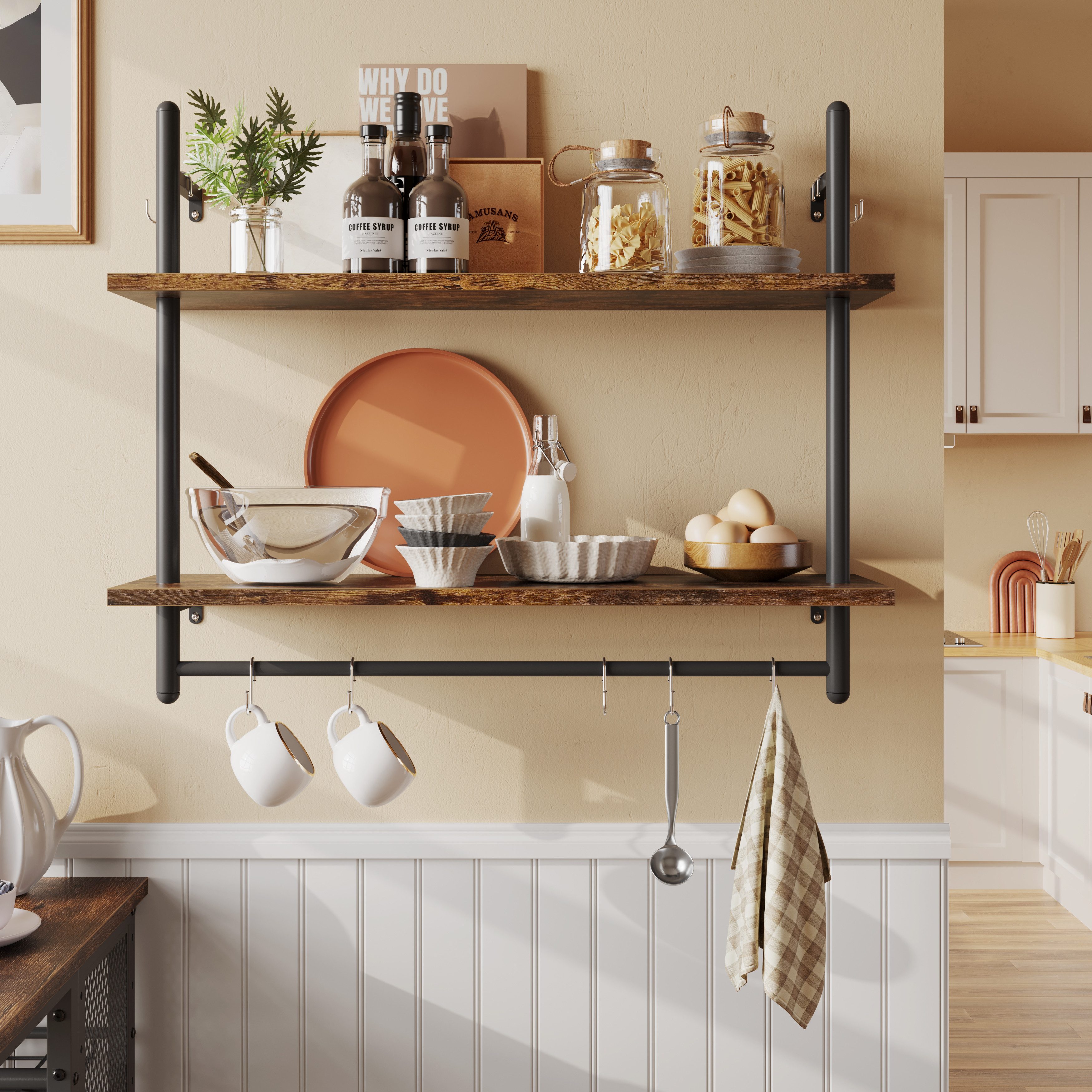 Bestier Wandregal Wandboard Holz, Küchenregal, Wandregal Badezimmer Metall, Schwebendes Regal Wandmontage, Bücherregal mit Handtuchhalter und Haken, Kaffeebar Regal, Weinhalter, Wohnzimmer Deko