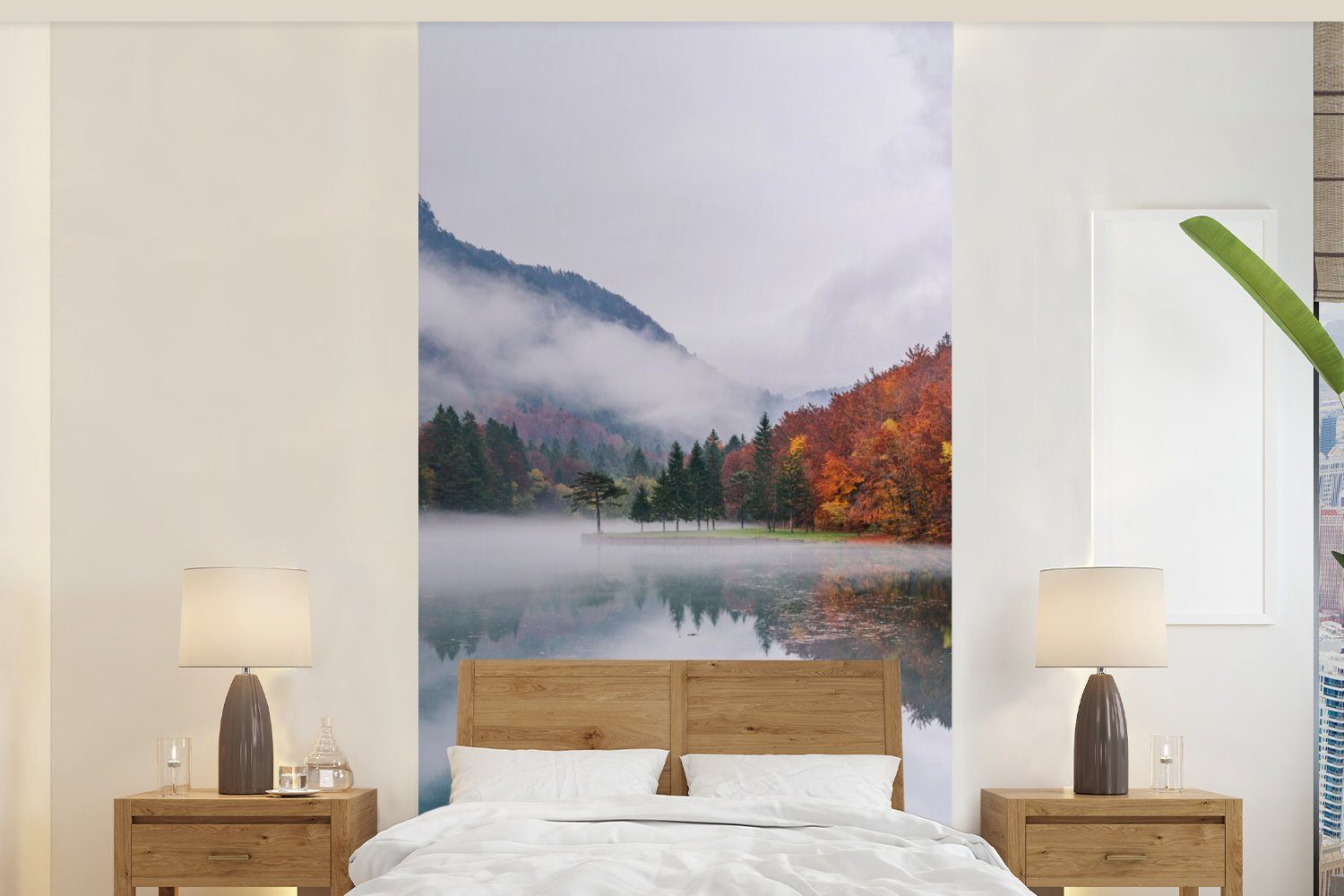 MuchoWow Fototapete Herbst - Nebel - Wasser - Landschaft, Matt, bedruckt, (2 St), Vliestapete für Wohnzimmer Schlafzimmer Küche, Fototapete