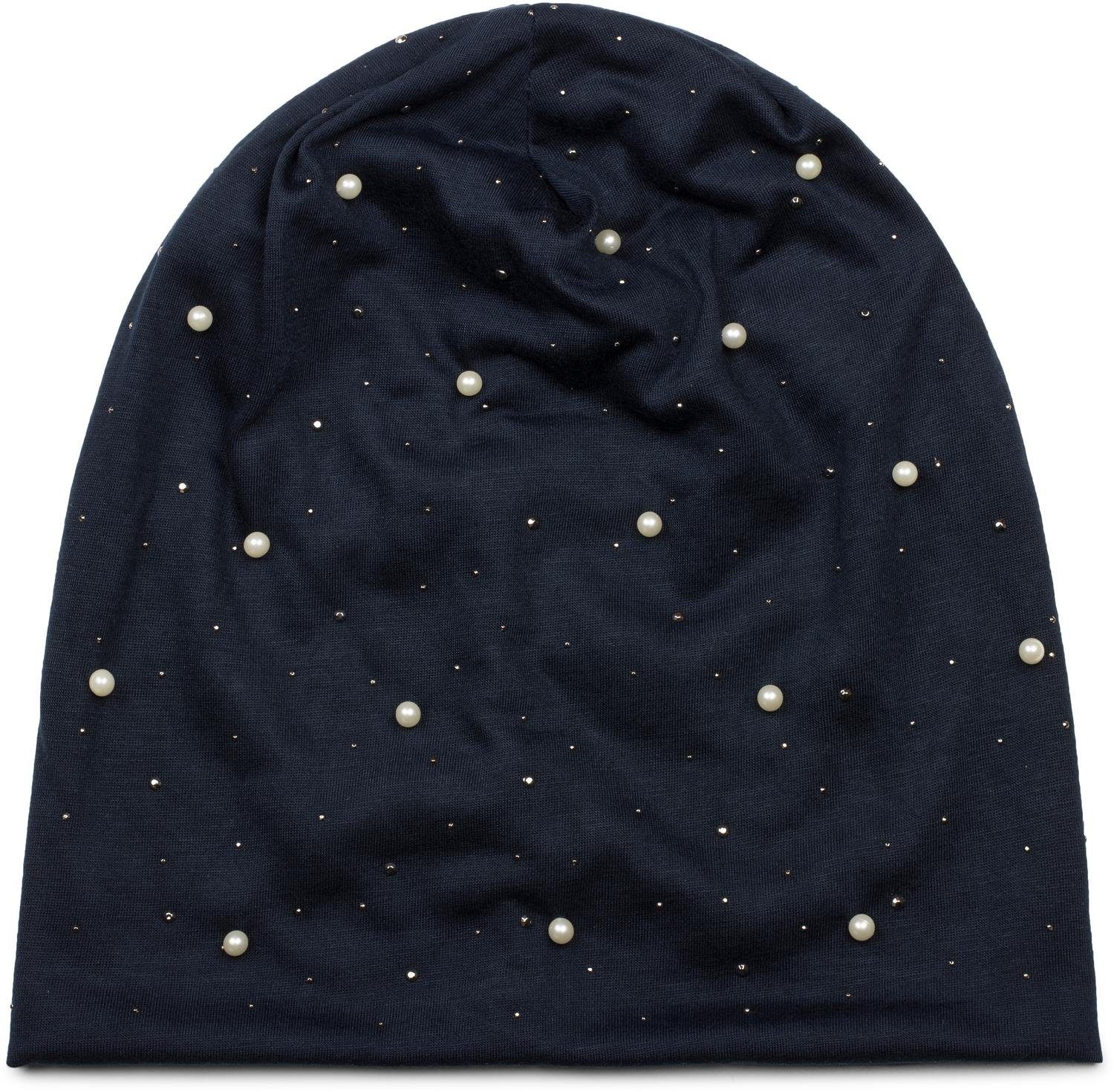 (1-St) Midnight-Blue Beanie / Strass Nieten mit styleBREAKER Dunkelblau und Perlen Beanie