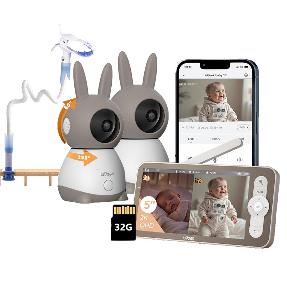 Video-Babyphone Babyphone mit 2 Kameras und App 5-Zoll LCD-Display 2K/3MP PTZ 355°