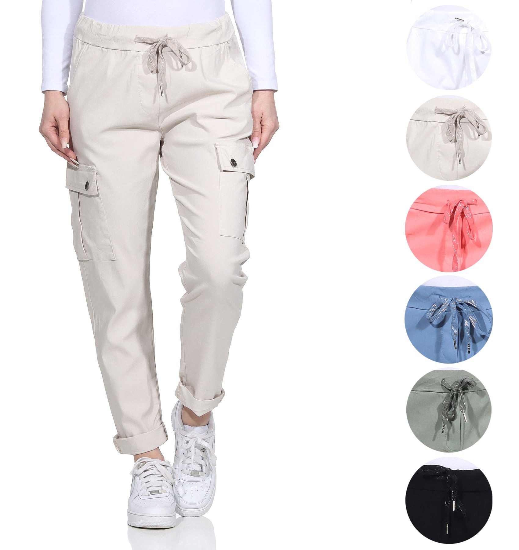 OriginalYou Cargohose Damen Freizeithose Schlupfhose moderne Stoffhose elastischer Bund, Knitterlook