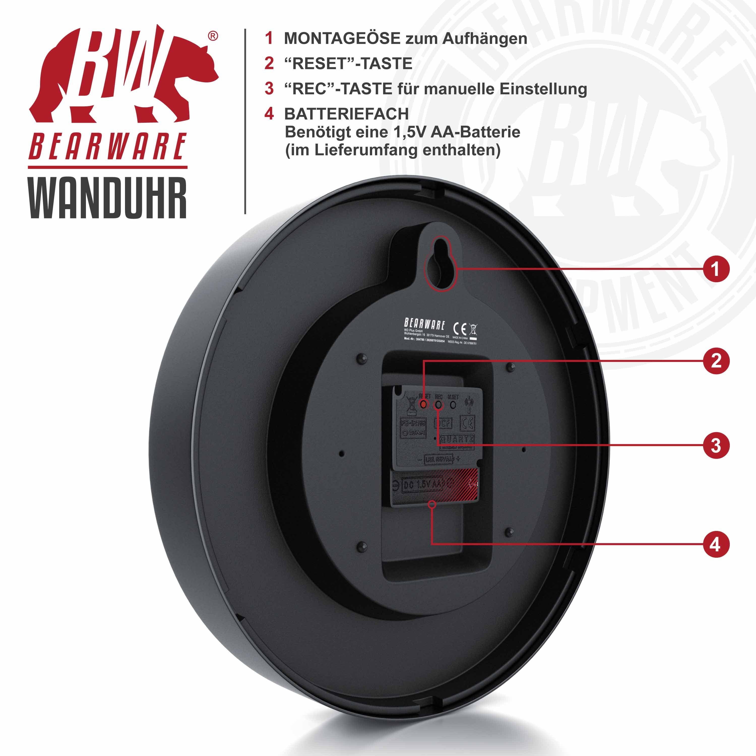 BEARWARE Funkwanduhr Wanduhr rund, Funkuhr, neutrales Design mit Glasabdeckung (Bürouhr Küchenuhr 24cm Ø, analoge Anzeige, DCF-Signal, Batteriebetrieb) – Bild 3 von 5