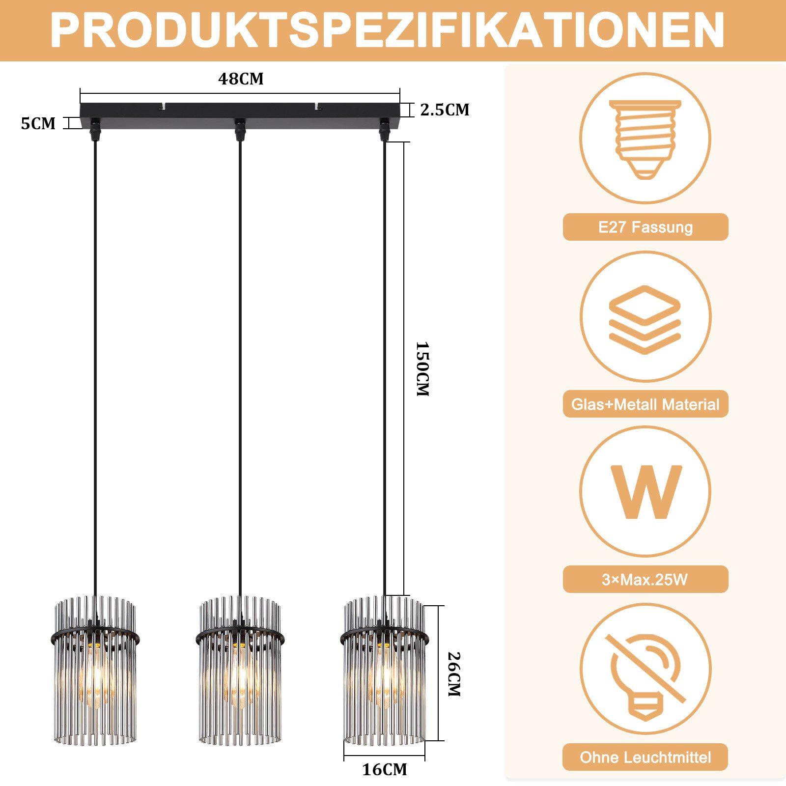 ZMH Pendelleuchte Esstisch Hängelampe 2/3/5 Flammig mit Glas & Metall E27, ohne Leuchtmittel, moderne Pendelleuchte höhenverstellbar für Esszimmer Bar, Hotel