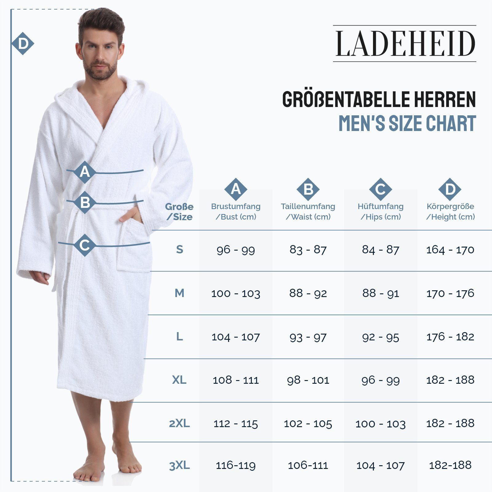 Herren Dunkelgrau-12/Schwarz-30 100% Kapuze Bademantel Baumwolle Bademantel aus Frottee Langform, Ladeheid Baumwolle, LA40-190,
