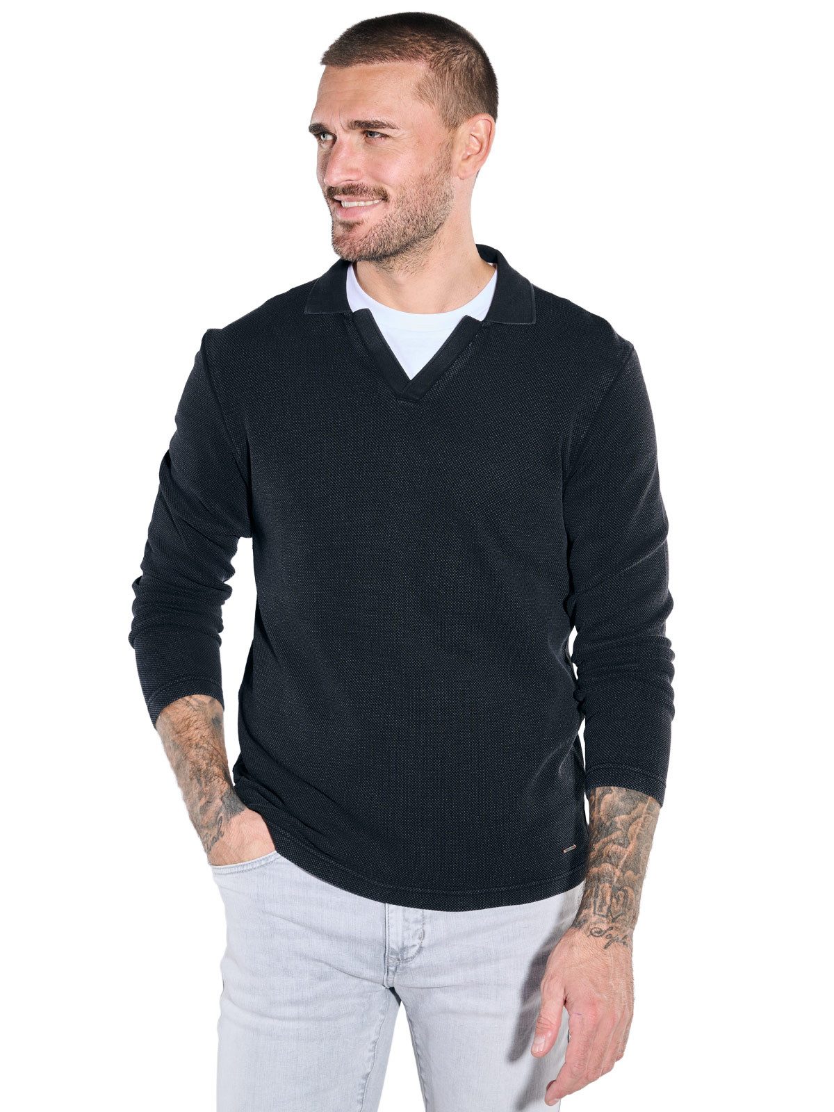 emilio adani Langarm-Poloshirt Herren Modisches Longsleeve mit Polokragen, Schwarz