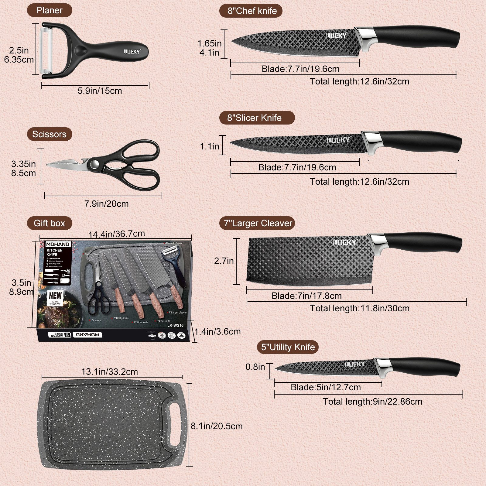 MDHAND Messer-Set 6-teiliges Kochmesser-Set, Edelstahl Küchenmesserset, Geschenkbox (6-tlg), mit ergonomischem Griff, Küchenschere & Sparschäler