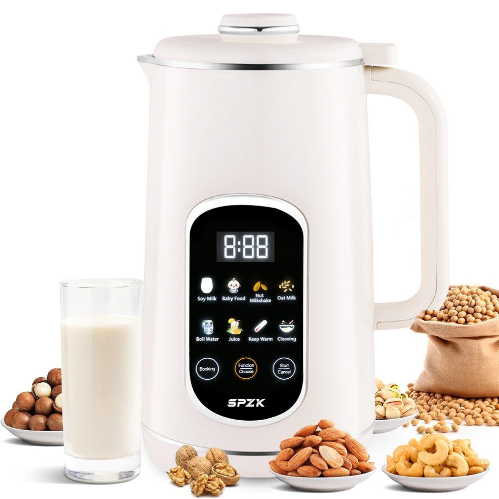 SPZK Küchenmaschine 8‑in‑1 Multifunktionaler Sojamilch‑ und Nussmilchbereiter, 1,2 L Kapazität mit Digital‑Display, Selbstreinigung, Startzeitvorwahl & Warmhaltefunktion, für Pflanzenmilch, Saft und Baby‑Beikost Standmixer, Milchaufschäumer