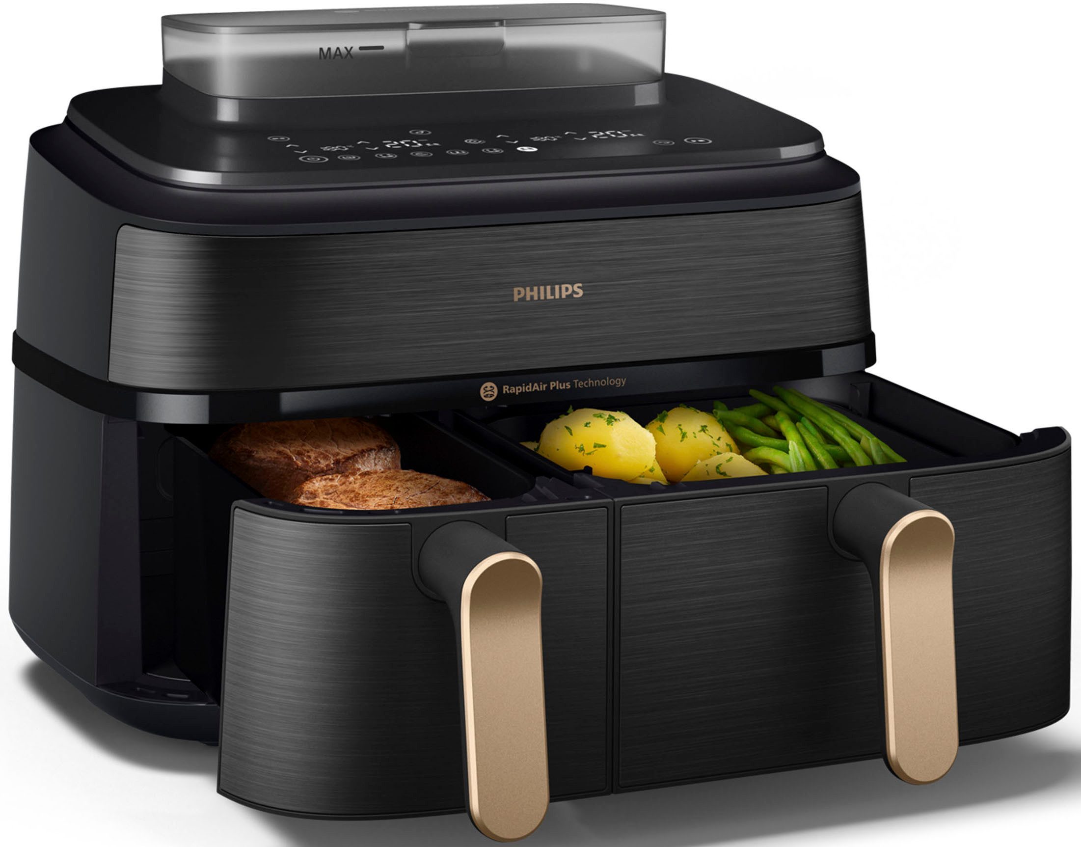 Philips Heißluftfritteuse NA552/00 Steam Airfryer 5000 Series Dual Basket 9L Kapazität (3L+6L), 2750 W, mit Dampfgar-Funktion; Schwarz/Kupfer