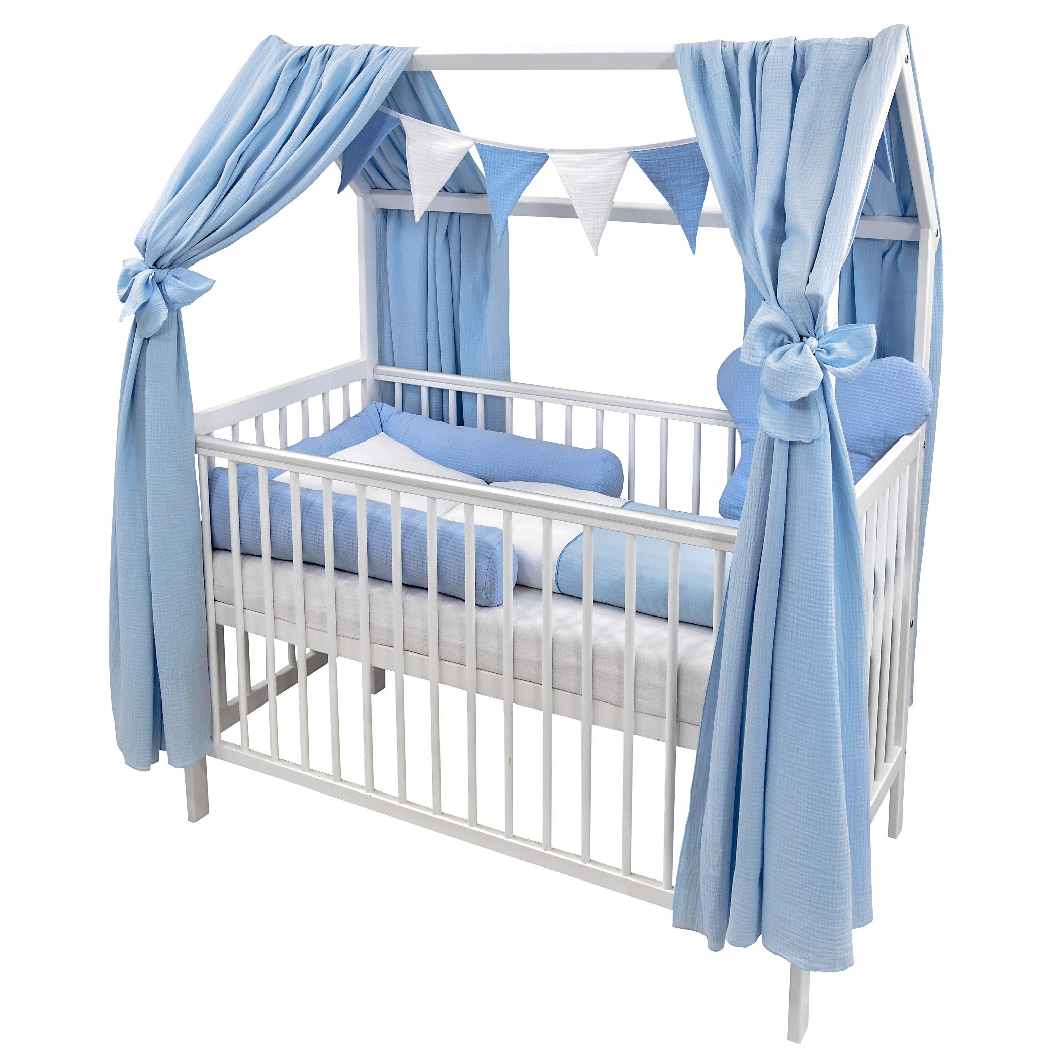 Baby-Delux Komplettbett Hausbett Babybett Komplettset Waffelpique Musselin, günstig online kaufen