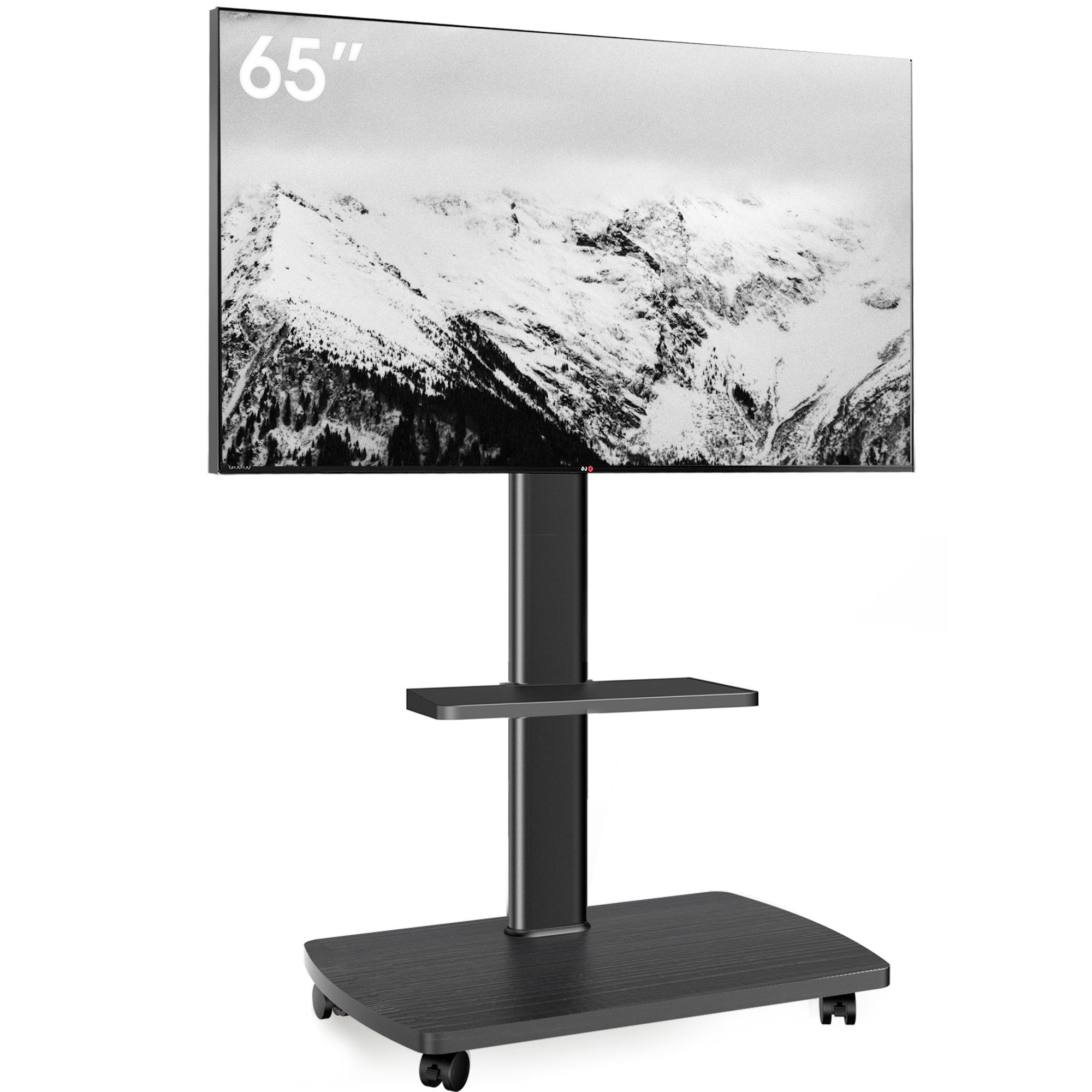 AOKCOS TV-Ständer mit Rollen, Ablage, 32-65 Zoll, -2° bis +10° neigbar, ±30° schwenkbar, (bis 65 Zoll, höhenverstellbar, mit Holzbodenplatte)