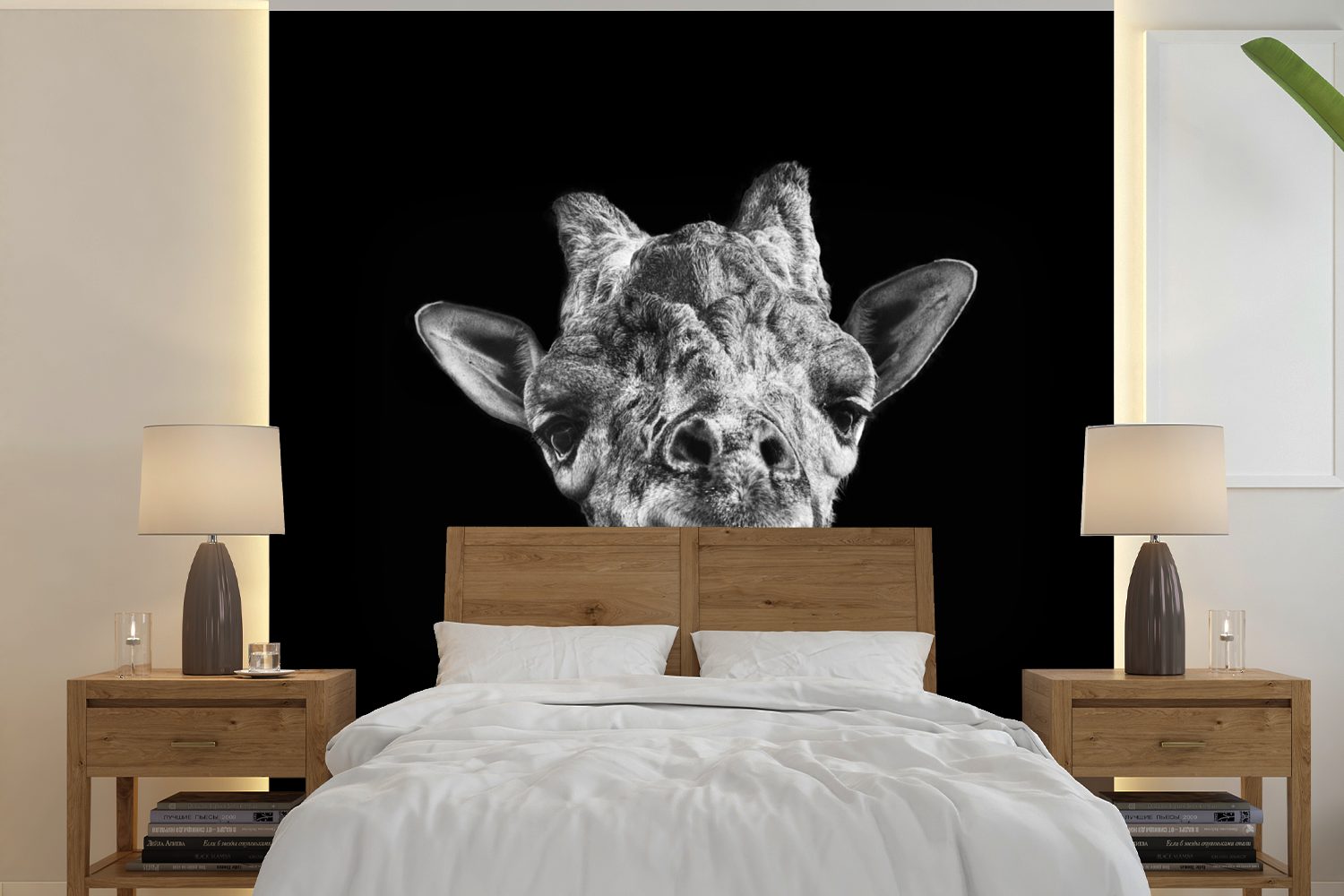 MuchoWow Fototapete - Tier Tapete für Wohnzimmer Vinyl oder Schwarz Giraffe Schlafzimmer, bedruckt, St), - Wandtapete Weiß, (5 Matt, 