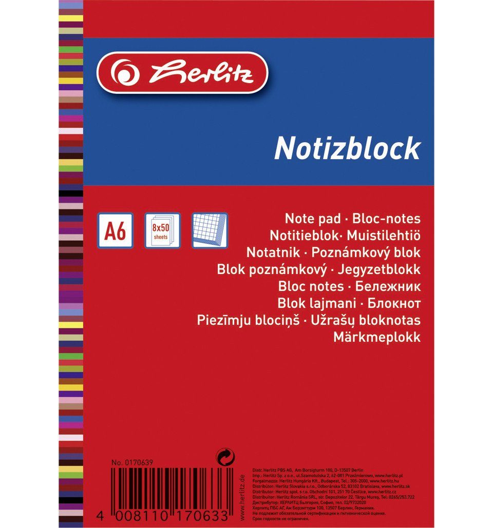 Herlitz Collegeblock herlitz Haushaltsnotizblock A6 kariert 50 Blatt