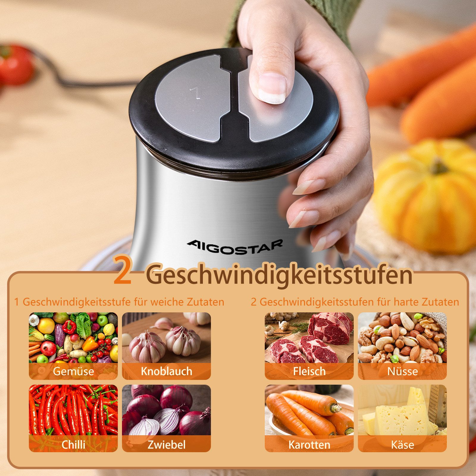 Aigostar Fleischwolf Zerkleinerer küche elektrisch, Multizerkleinerer für Fleisch, 500,00 W, 500W hohe Leistung, 2 Geschwindigkeiten, 4 Edelstahlklingen