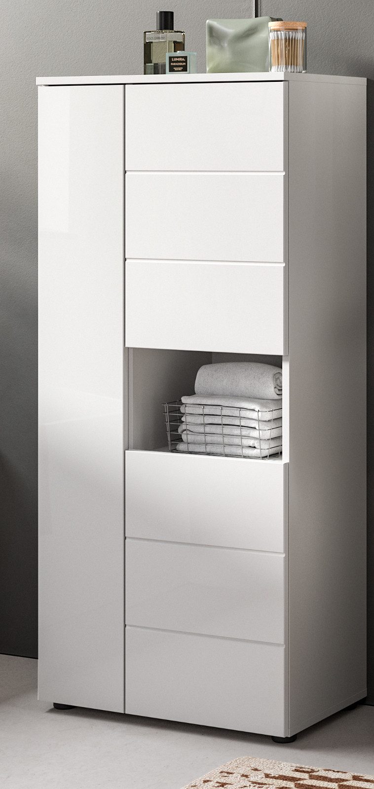 Inn.Furn Badkommode Larik (Bad Midischrank in Weiß Hochglanz, 3-türig, 60 x 131 cm), 9 Fächer für viel Stauraum