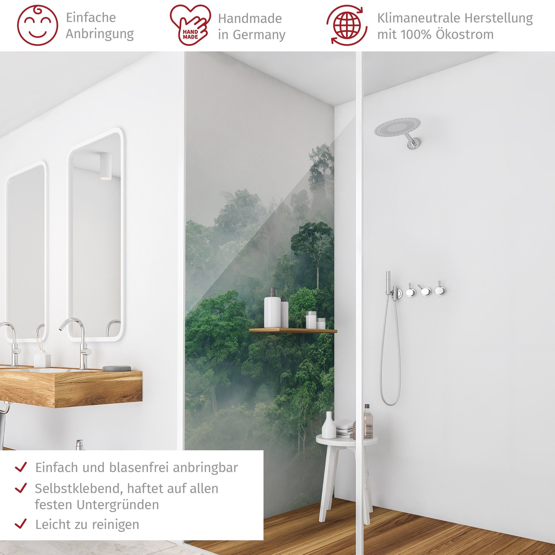 Thumbnail - Bilderdepot24 Badrückwand Wald grün Duschrückwand ohne Bohren Dusche Tropisch Natur, (1-tlg., Hart-Folie Smart matt 0,35...