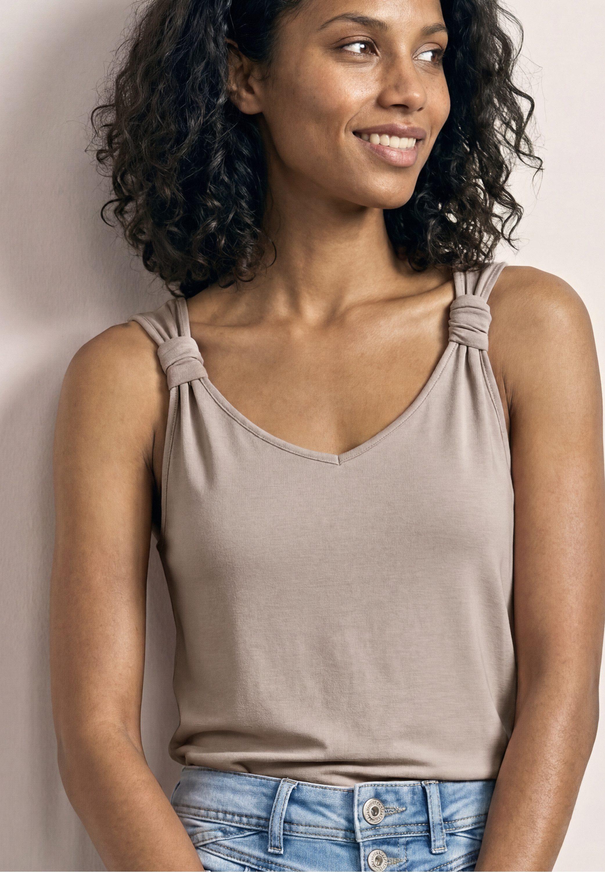 STREET ONE Shirttop Sommertop mit V-Neck und Knotendetail