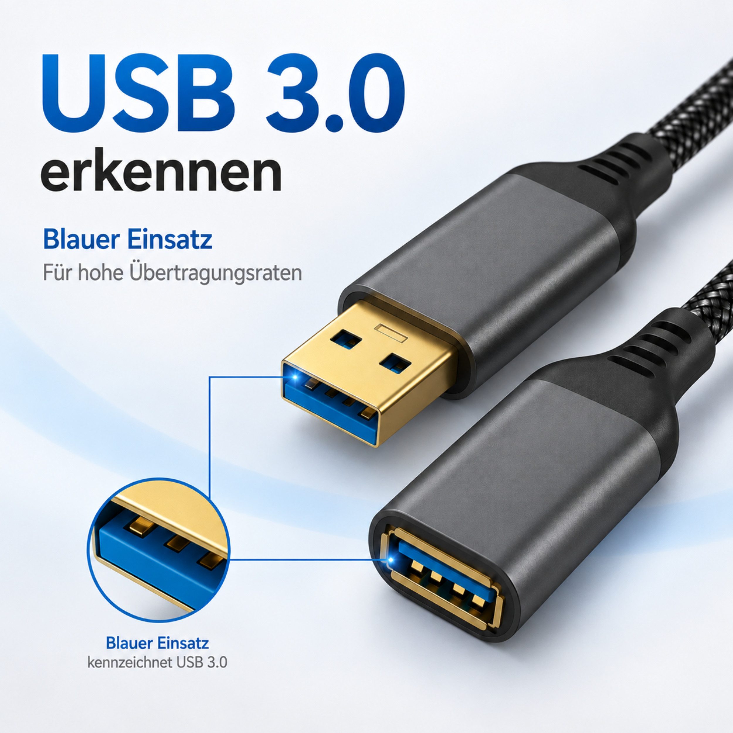 PlugUp USB 3.0 Verlängerungskabel 5 Gbit/s – USB-A Stecker zu USB-A Buchse USB-Kabel, USB Typ A, USB Typ A (100 cm), Bis zu 10 Gbit/s Datenübertragung – Plug &  – Bild 4 von 5